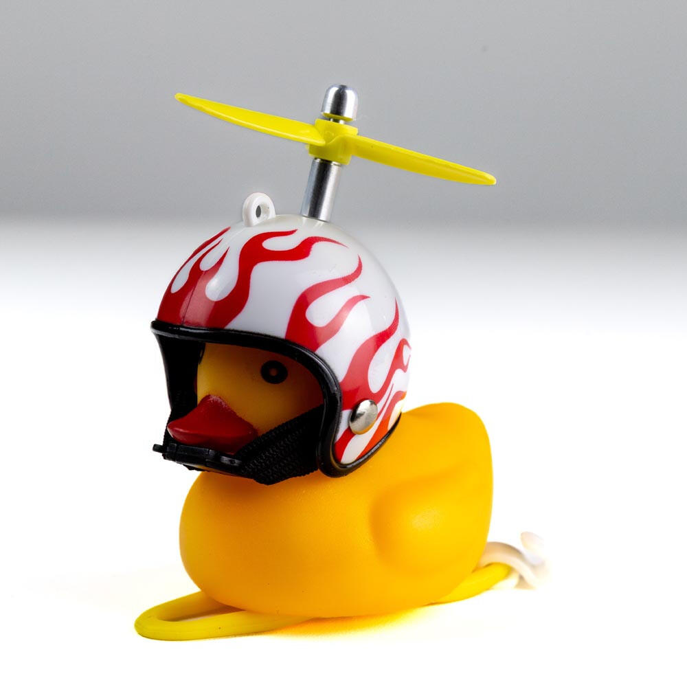 Dzwonek rowerowy, lampka kaczka biały kask z płomieniem ROXAR 2/4