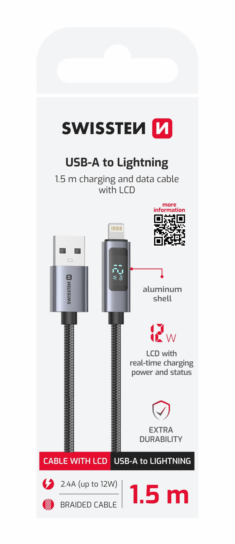 SWISSTEN Cabo USB-A para Lightning com visor LCD 1,5 m 2/3