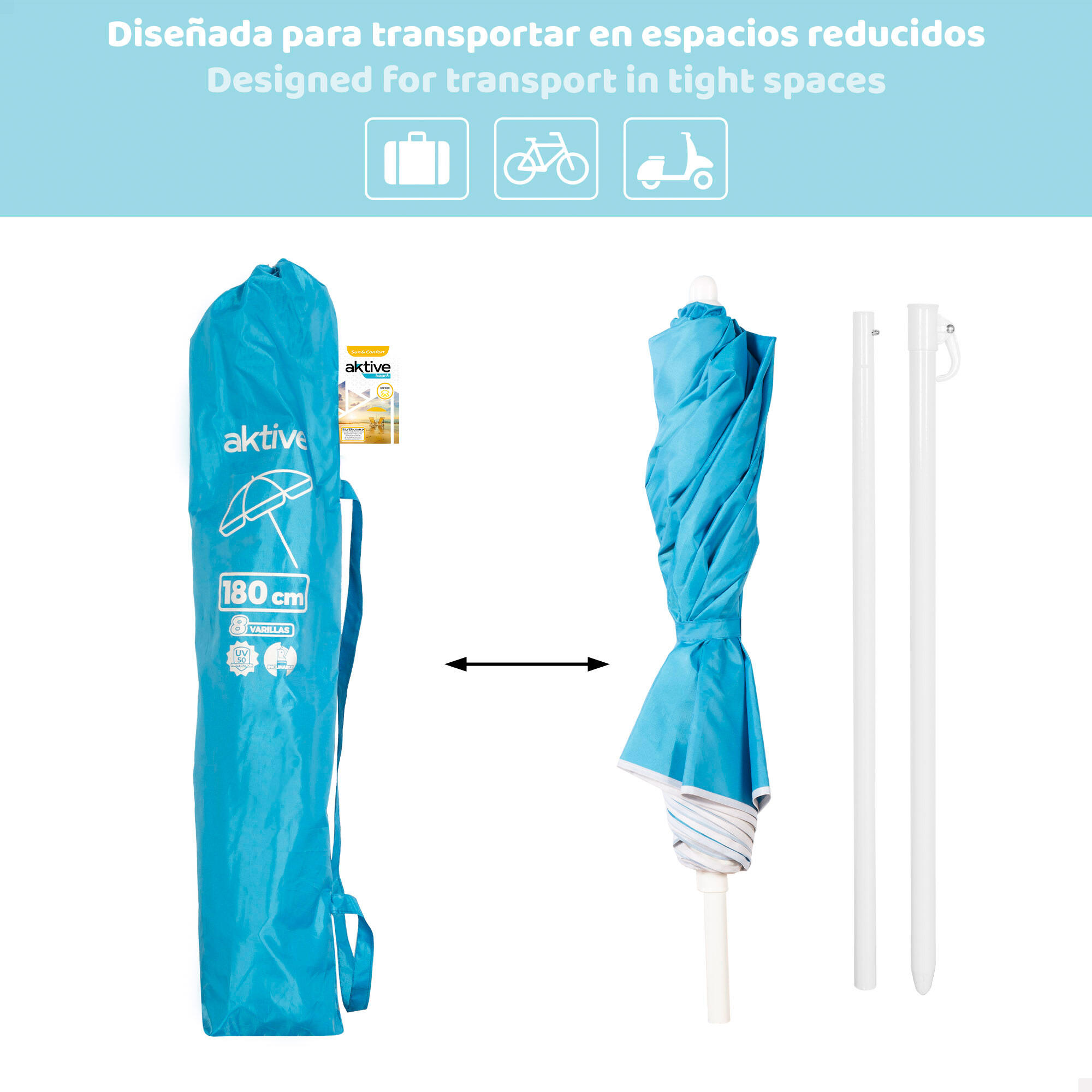 Parasol de plage compact pliable 8 mâts 180 cm bleu Aktive 3/7