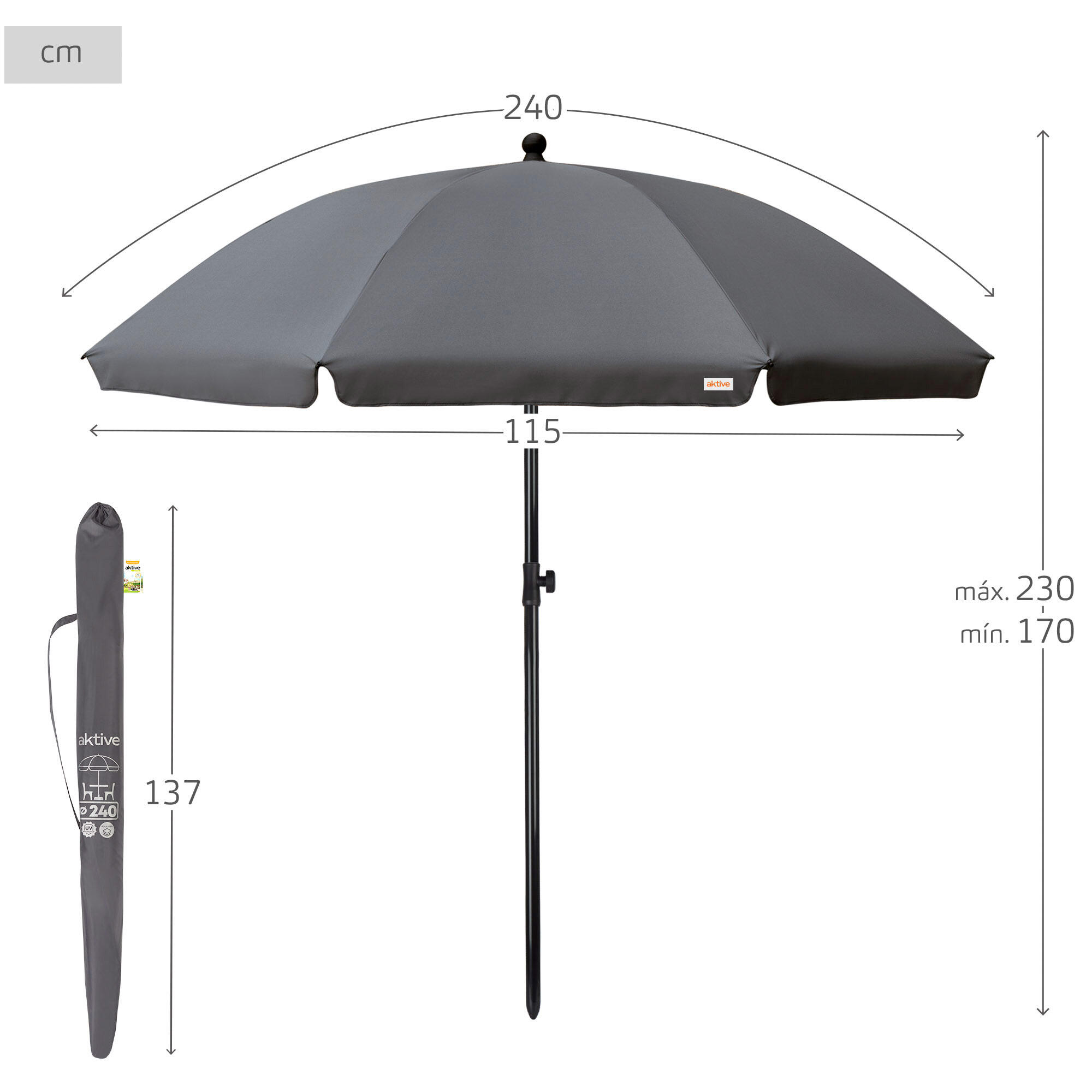 Parasol de jardin 240 cm protection UV30 gris Aktive Garden 4/7