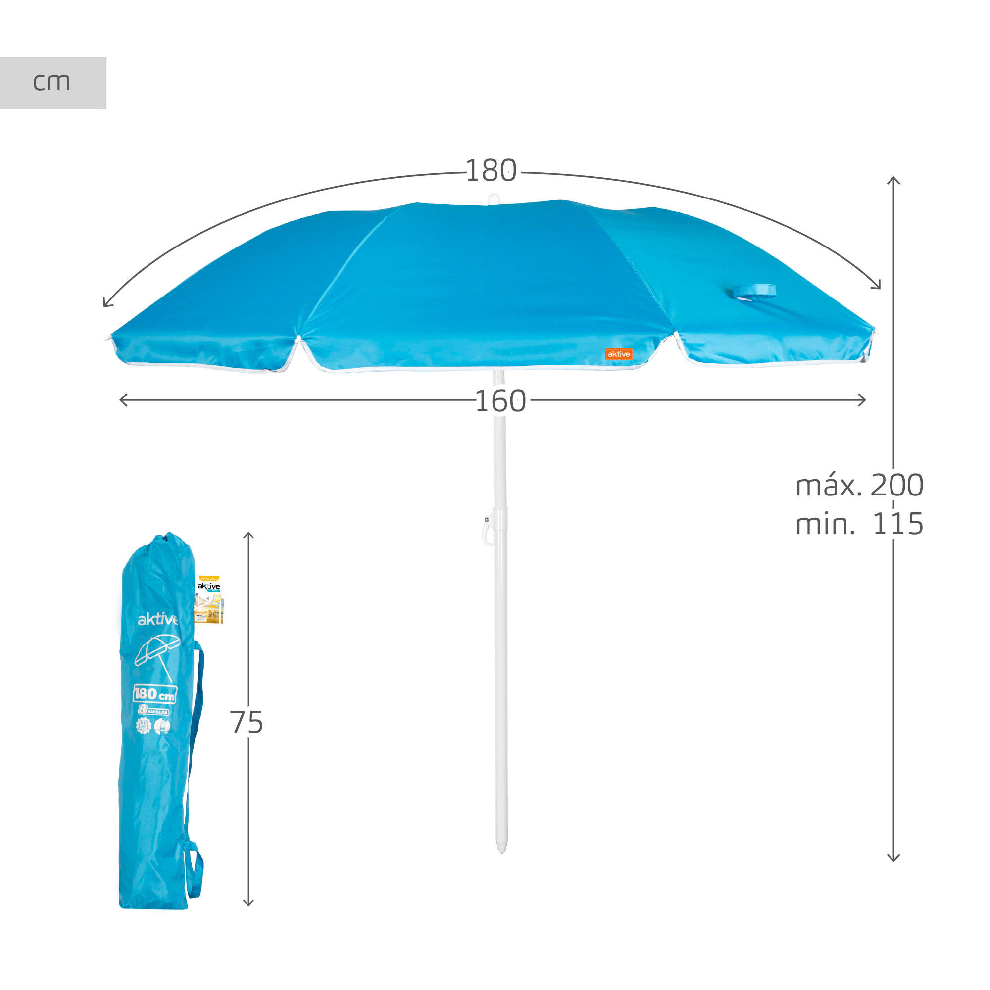 Parasol de plage compact pliable 8 mâts 180 cm bleu Aktive 4/7