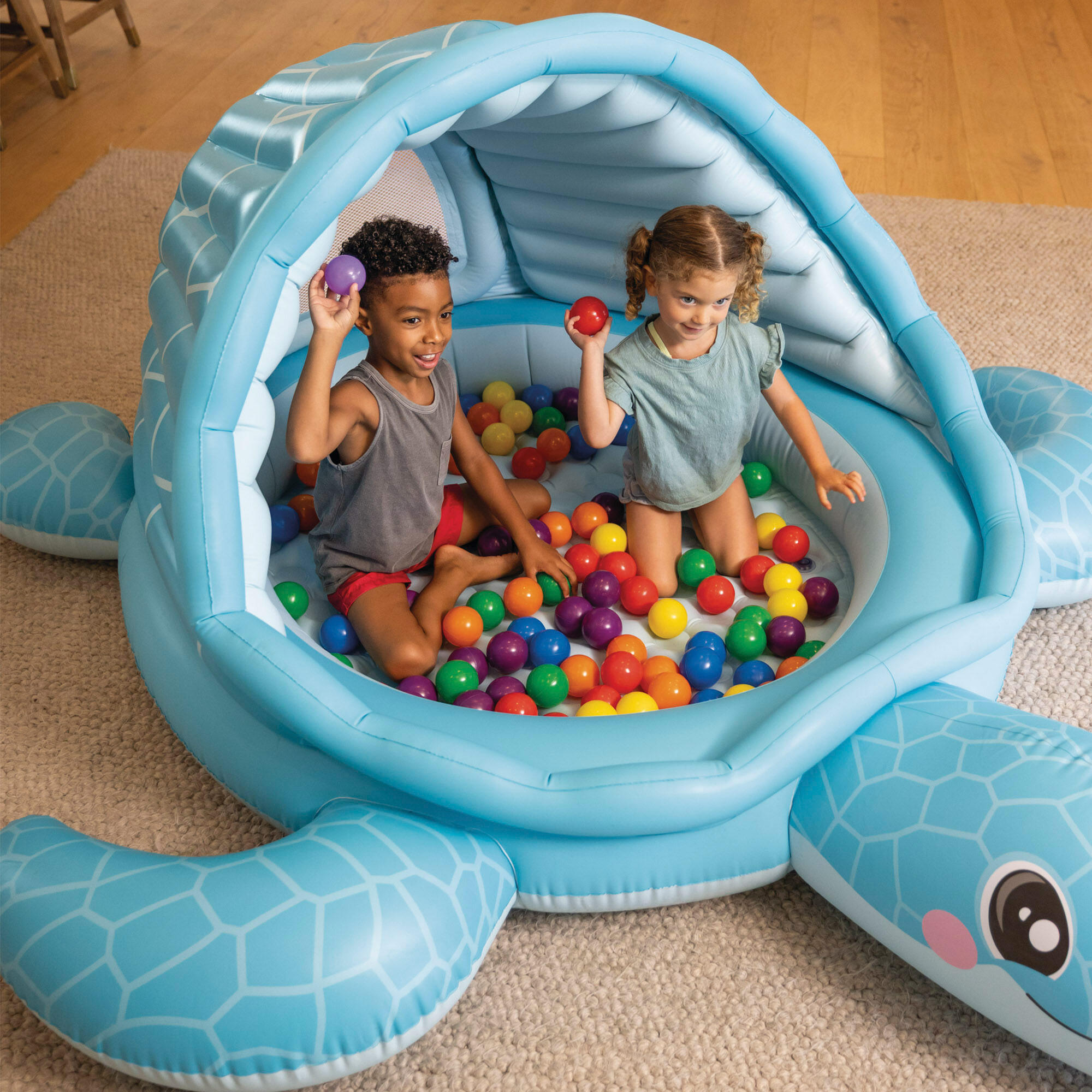 Centro de juego hinchable tortuga de 218x206x97 cm con 100 pelotas multicolores 3/7