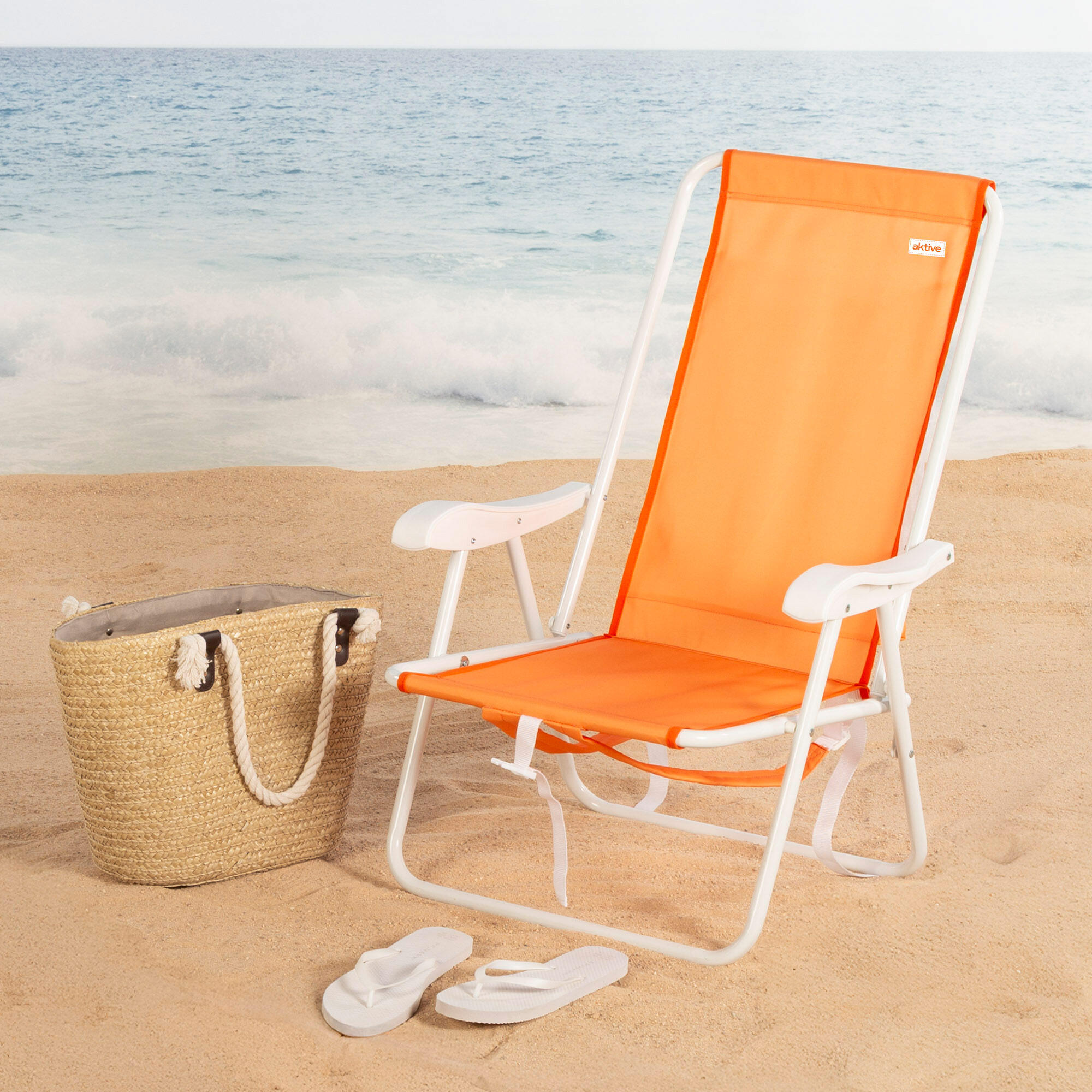 Silla de playa plegable naranja, 44x40x81 cm, diseño tipo mochila 2/7