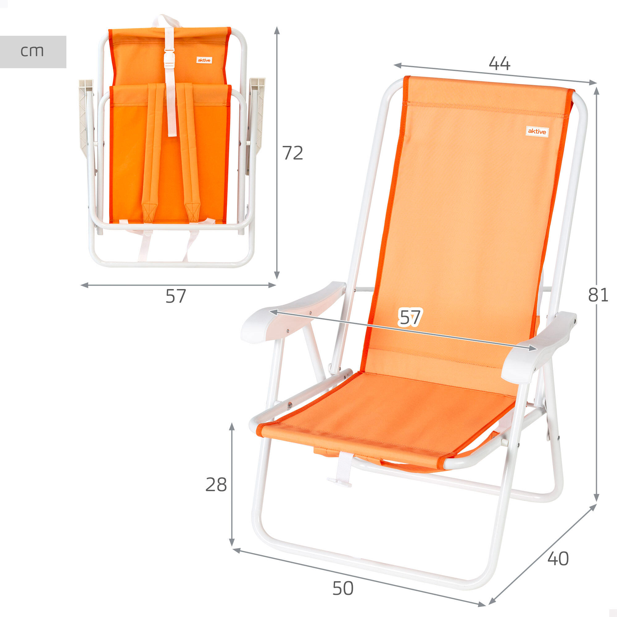 Silla de playa plegable naranja, 44x40x81 cm, diseño tipo mochila 4/7