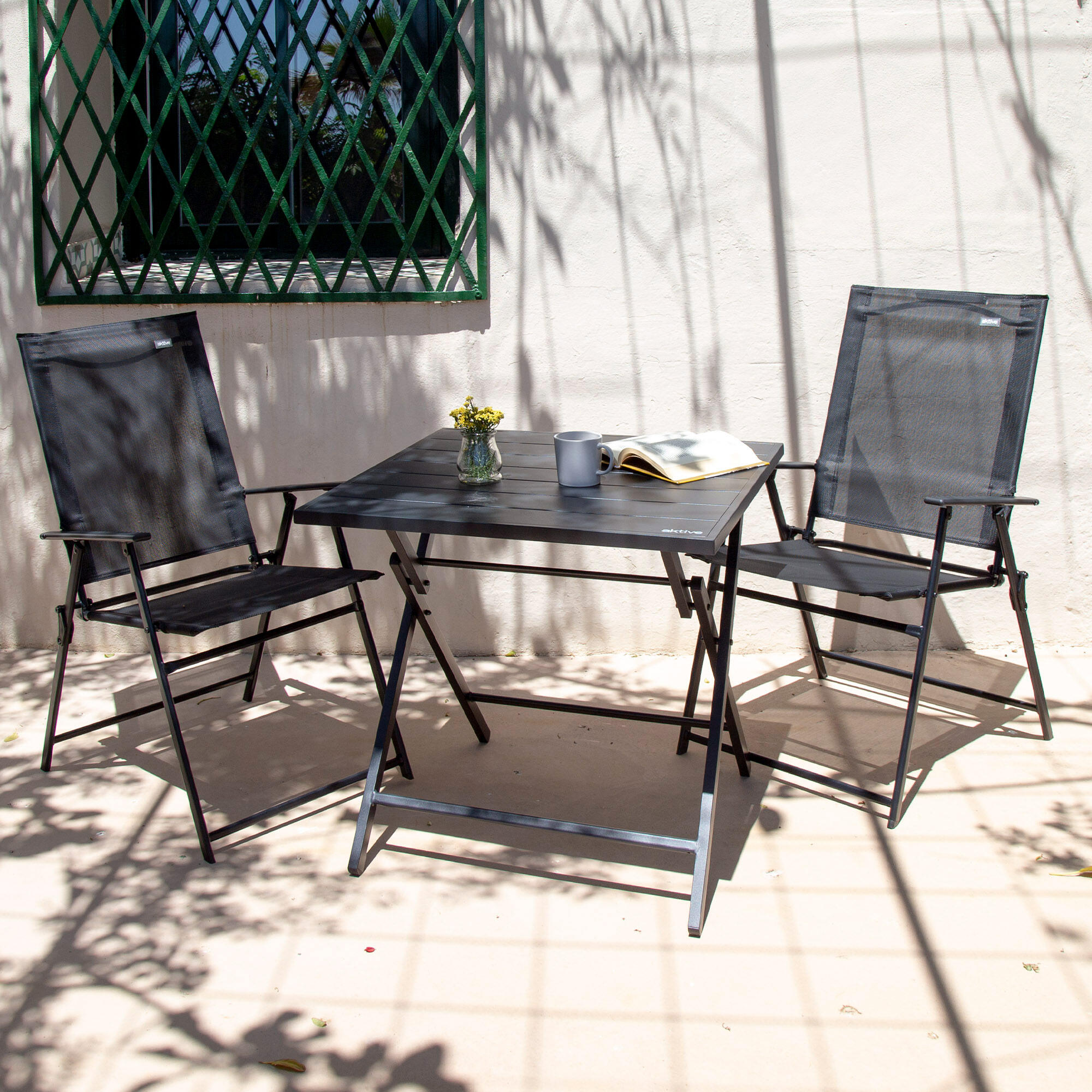 Aktive Pack 2 sillas plegables de jardín 47x64x95 cm slim negras c/ reposabrazos 5/7