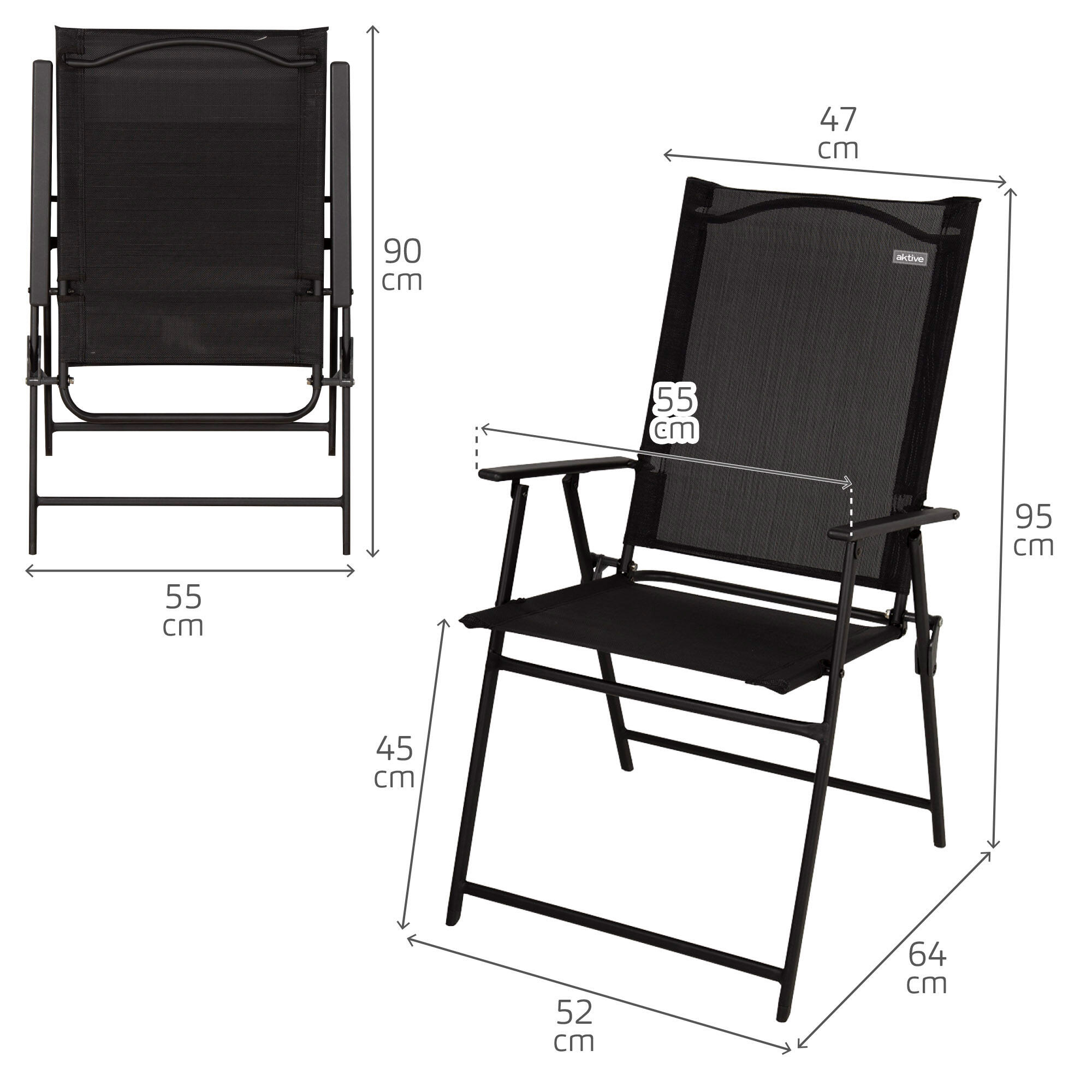 Aktive Pack 2 sillas plegables de jardín 47x64x95 cm slim negras c/ reposabrazos 4/7