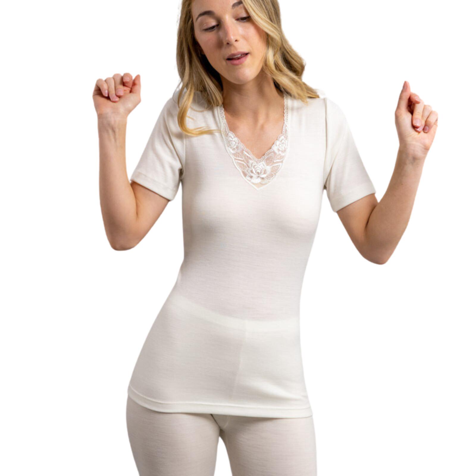 Womens Thermals Underwear Short Sleeve Merino Wool Blend Top Lace Motif