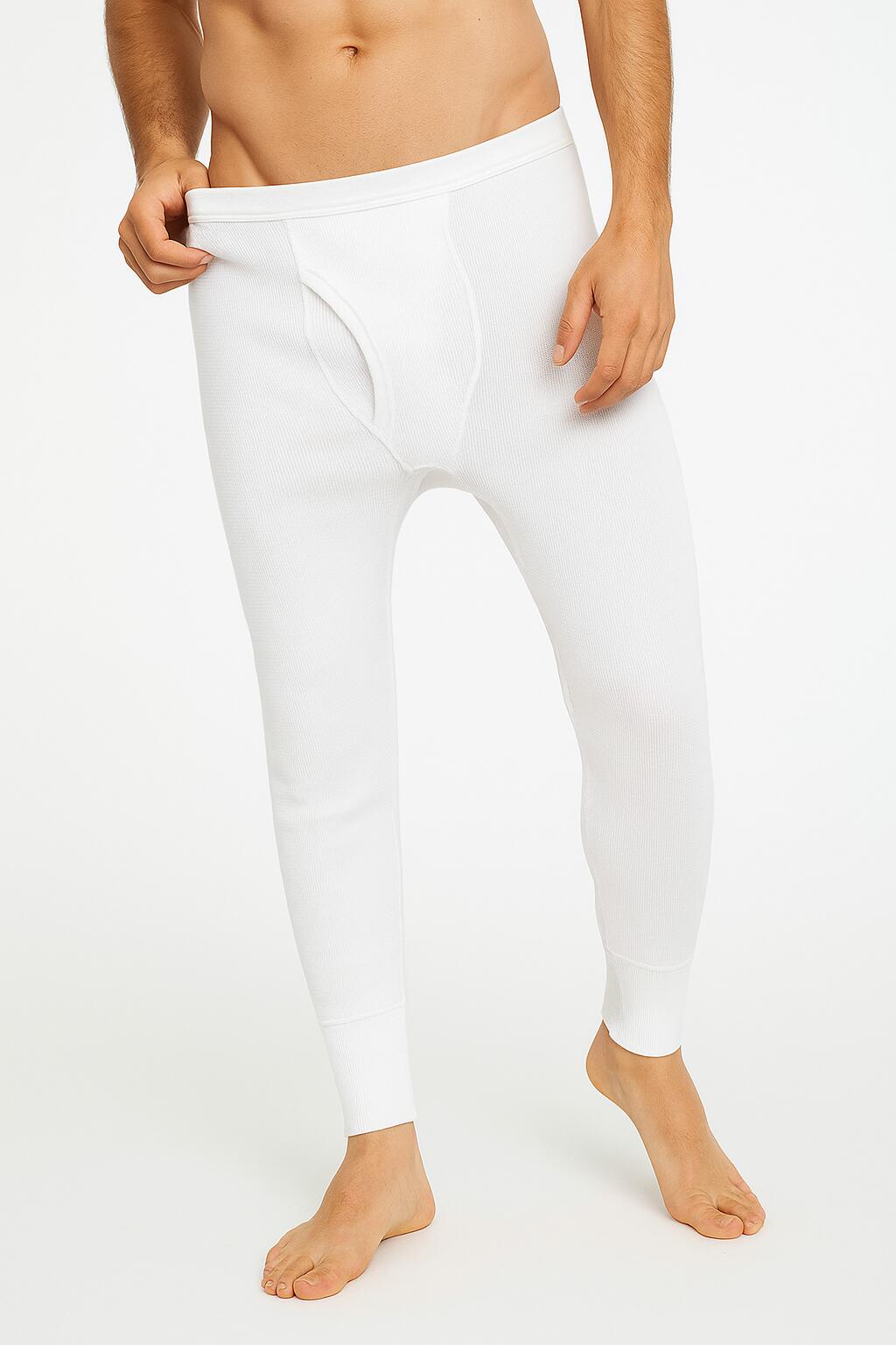 Thermo Fleece Mens Thermal Long John Tights Baselayer Cotton Blend Pants - White