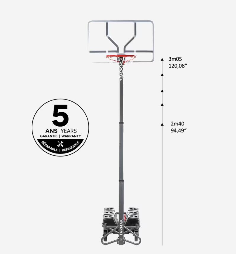 Seconde vie Panier de basket enfant/adulte B500. 2,40m à 3,05m. 3/5