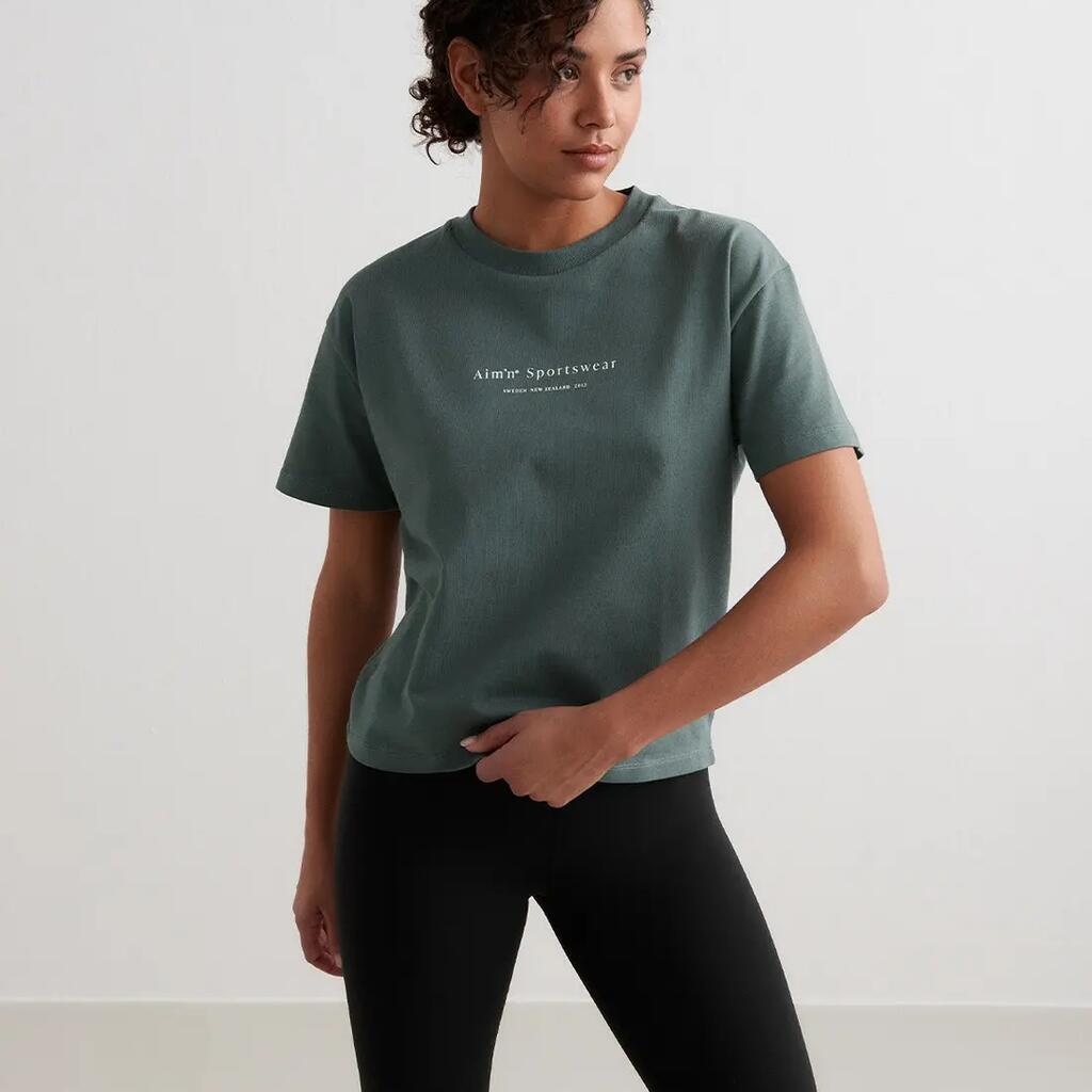 Women's T-shirt Boxy Fit Cotton Ribbed Crewneck Front Print Serif Sage