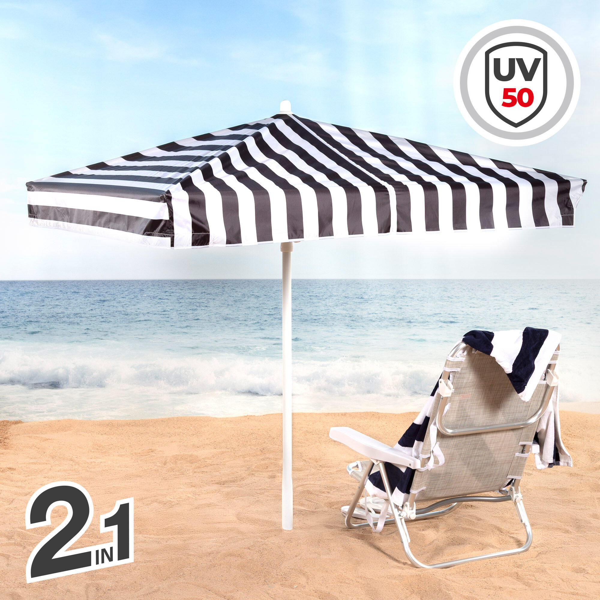 Sombrilla de playa convertible en carpa acero y poliéster UV50 con funda 3/7