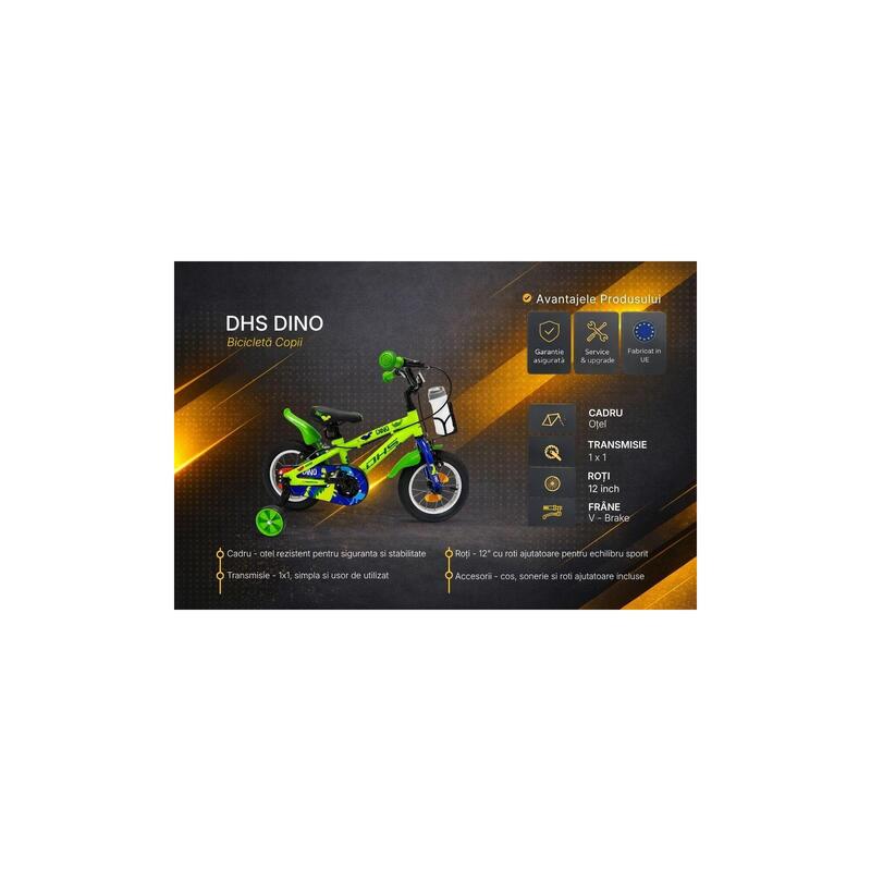 Bicicleta Copii DHS Dino - 12 Inch, Verde