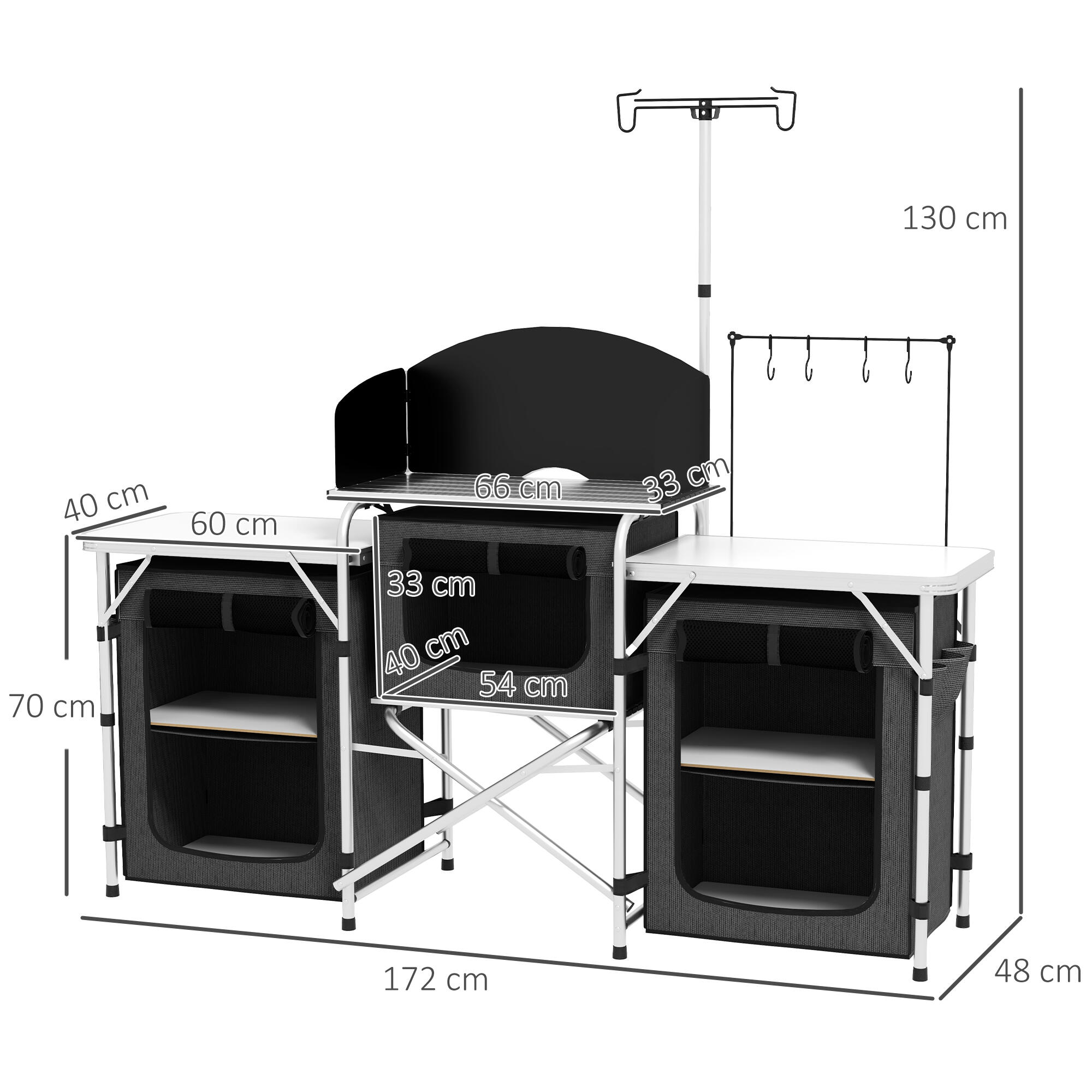 Outsunny Cucina da Campeggio Pieghevole a 3 Piani con 5 Ripiani e 4 Ganci Nero 3/7