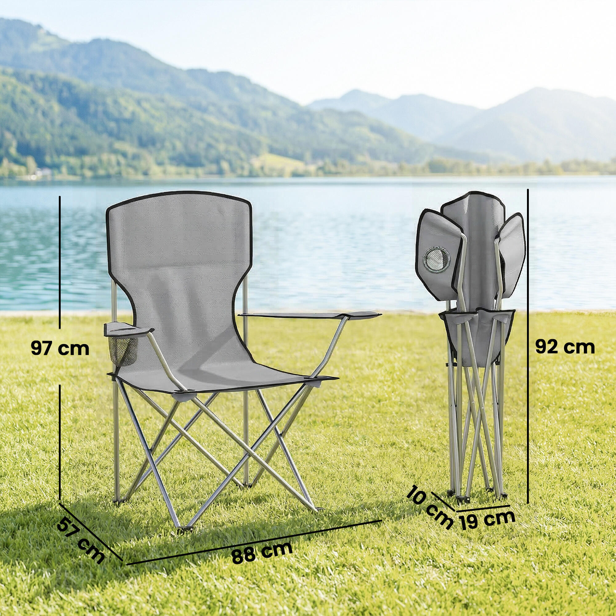 Outsunny Set 2 Sedie da Campeggio con Portabicchieri e Borse, Grigio 3/7