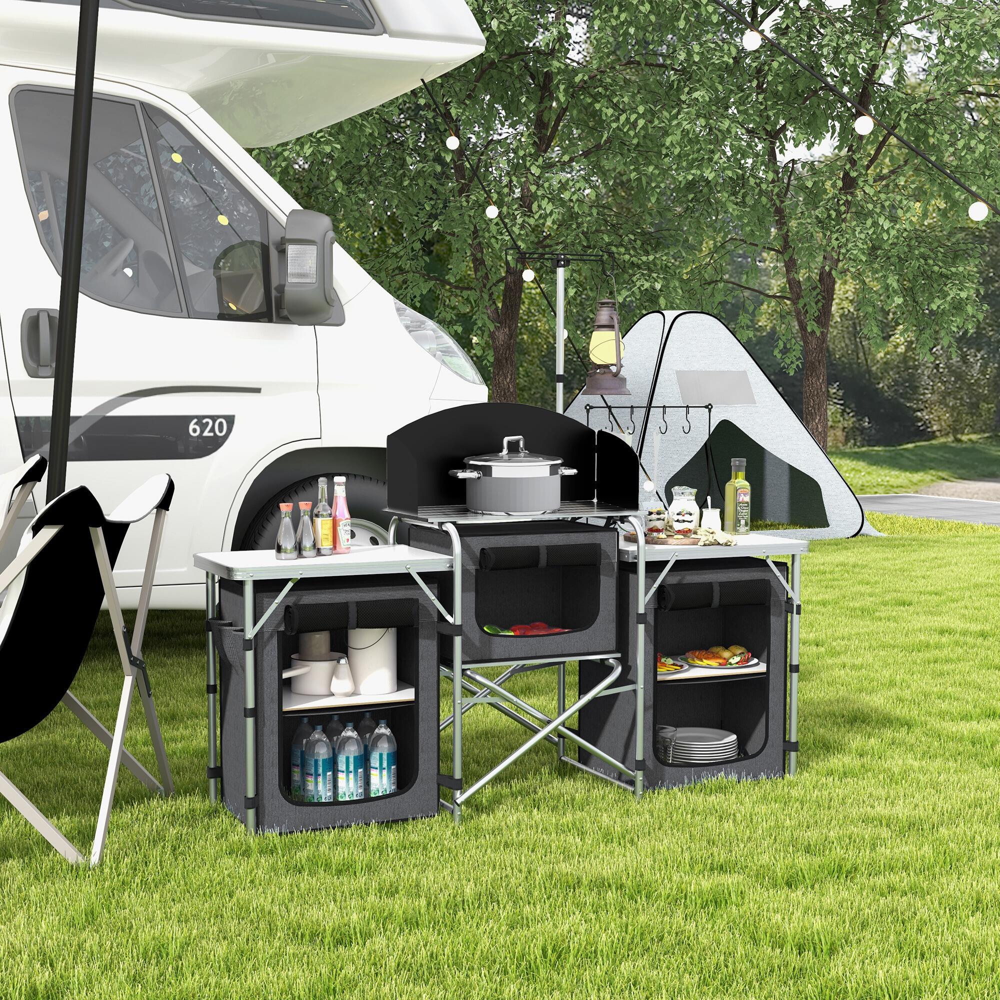 Outsunny Cucina da Campeggio Pieghevole a 3 Piani con 5 Ripiani e 4 Ganci Nero 2/7