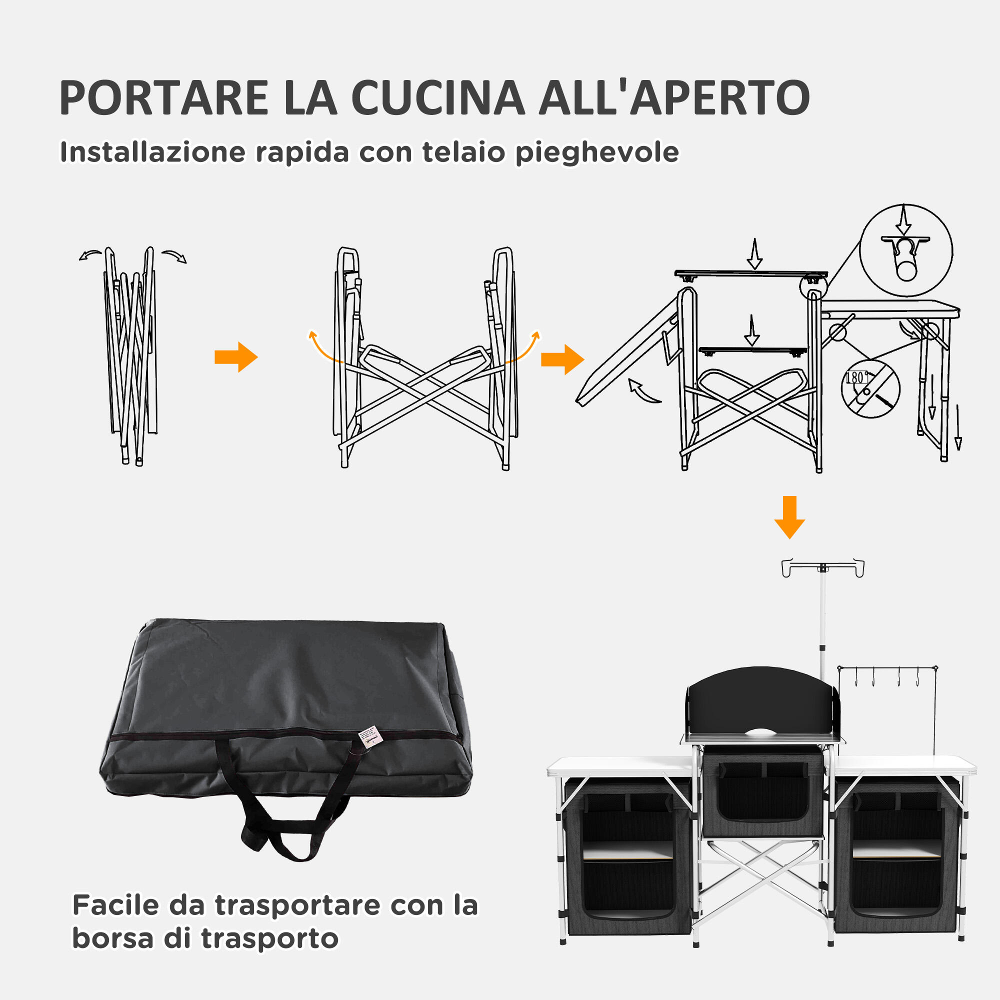 Outsunny Cucina da Campeggio Pieghevole a 3 Piani con 5 Ripiani e 4 Ganci Nero 6/7