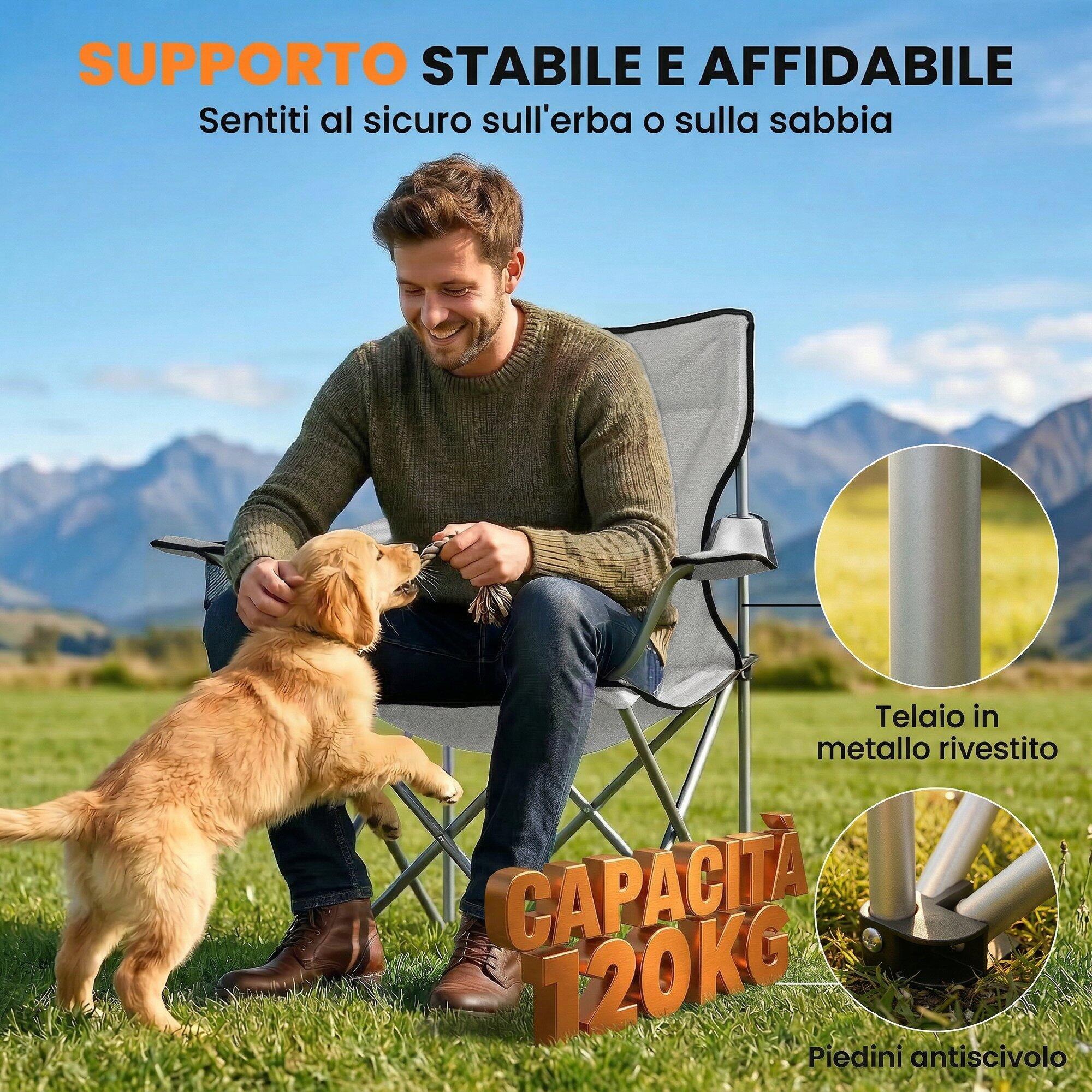 Outsunny Set 2 Sedie da Campeggio con Portabicchieri e Borse, Grigio 6/7