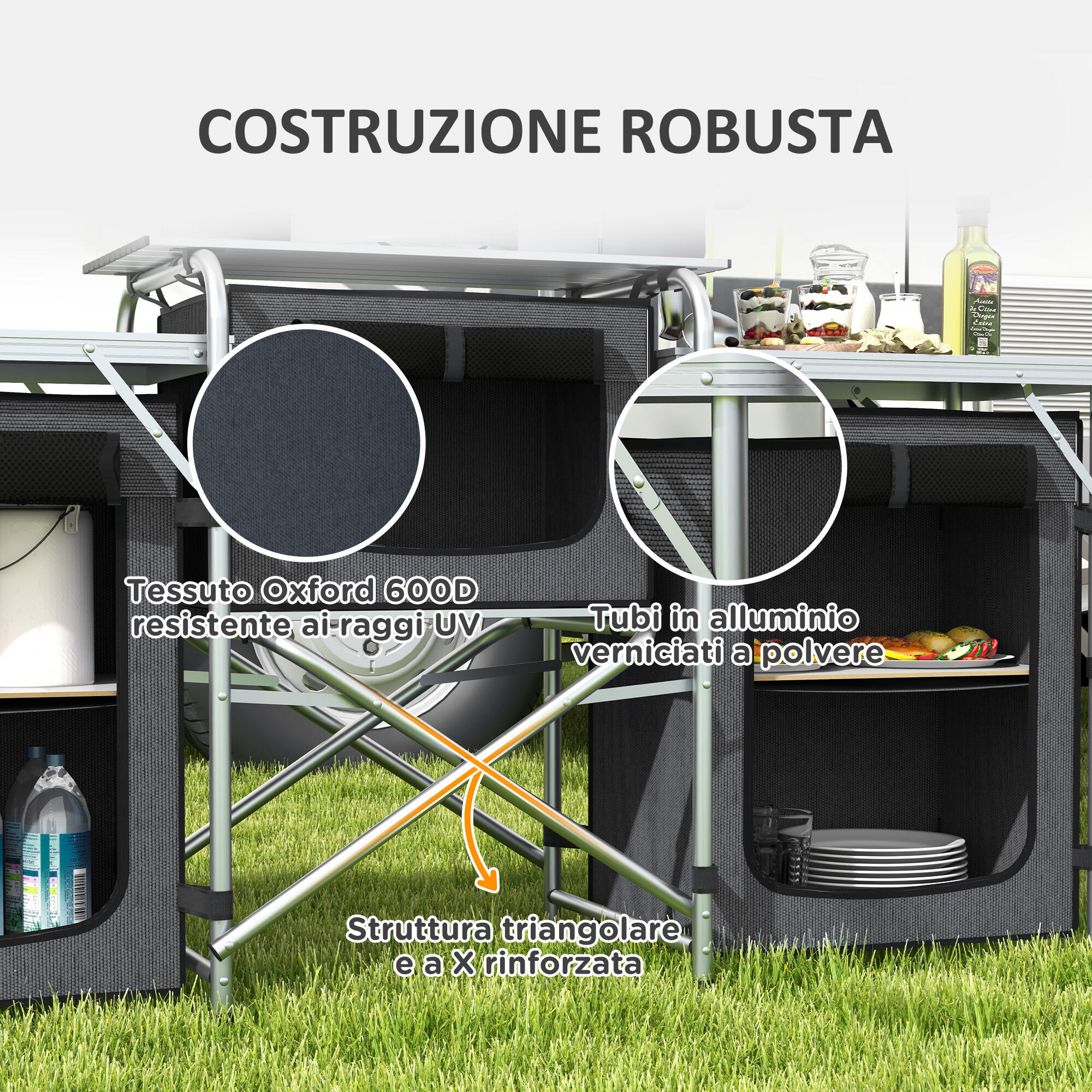Outsunny Cucina da Campeggio Pieghevole a 3 Piani con 5 Ripiani e 4 Ganci Nero 7/7