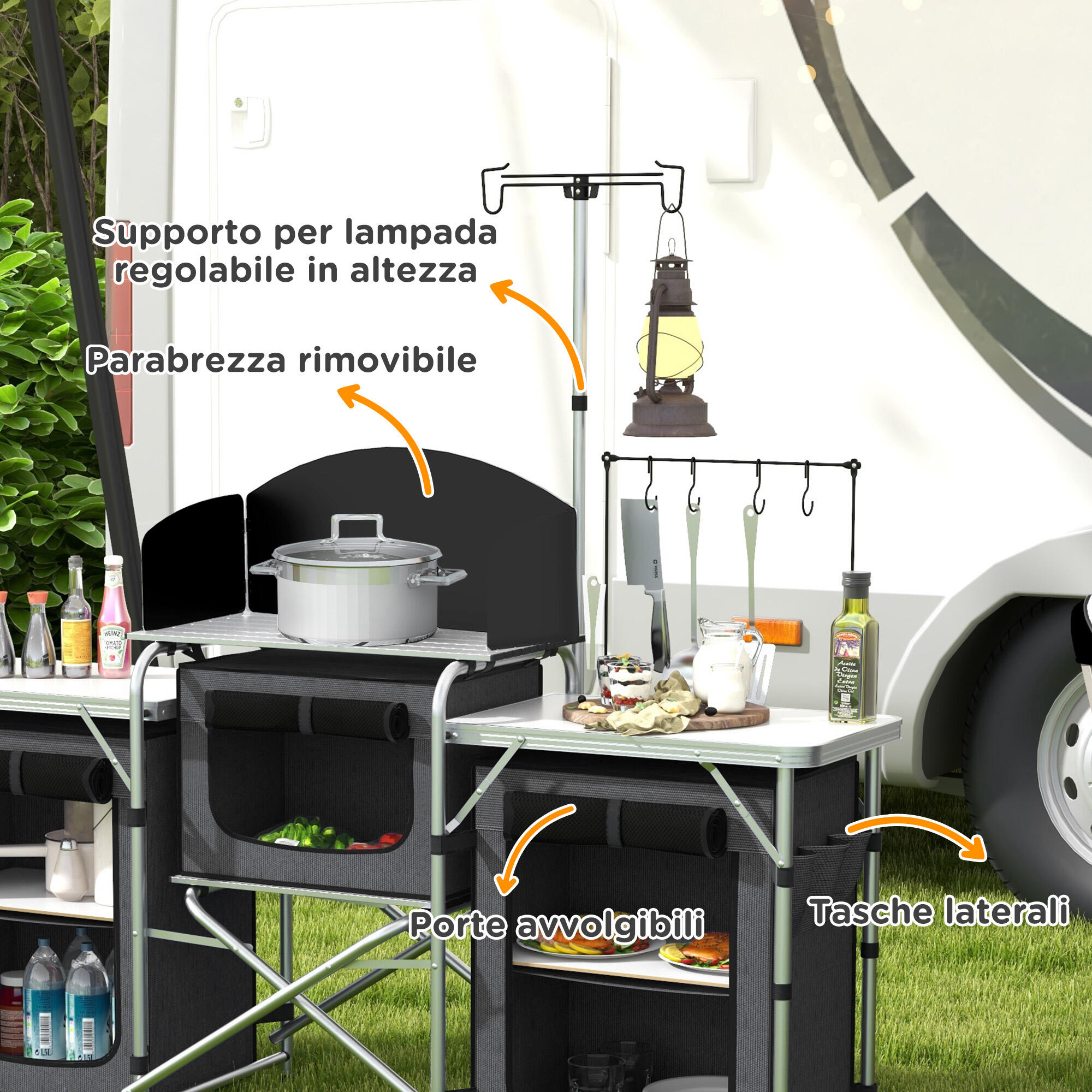 Outsunny Cucina da Campeggio Pieghevole a 3 Piani con 5 Ripiani e 4 Ganci Nero 5/7