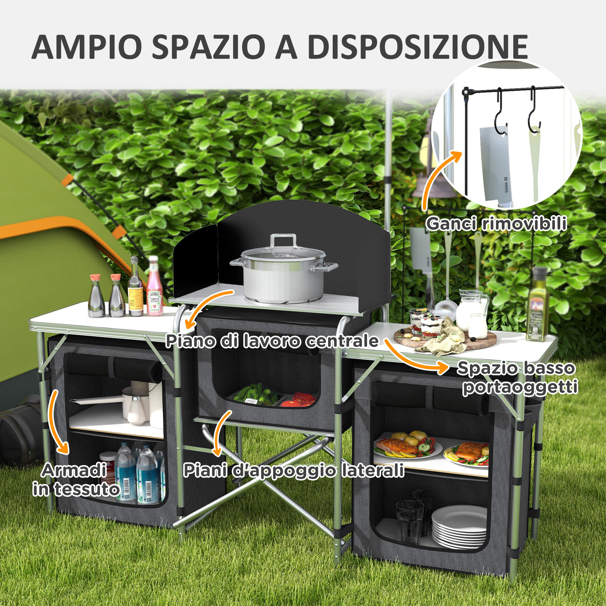 Outsunny Cucina da Campeggio Pieghevole a 3 Piani con 5 Ripiani e 4 Ganci Nero 4/7