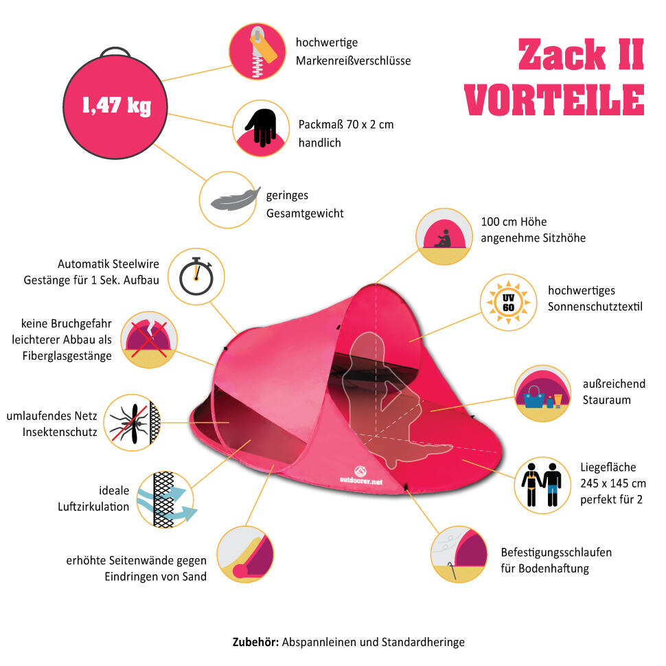 Pop Up Strandmuschel Zack II Pink - Strandburg, selbstaufbauend, UV
Schutz 60 6/7