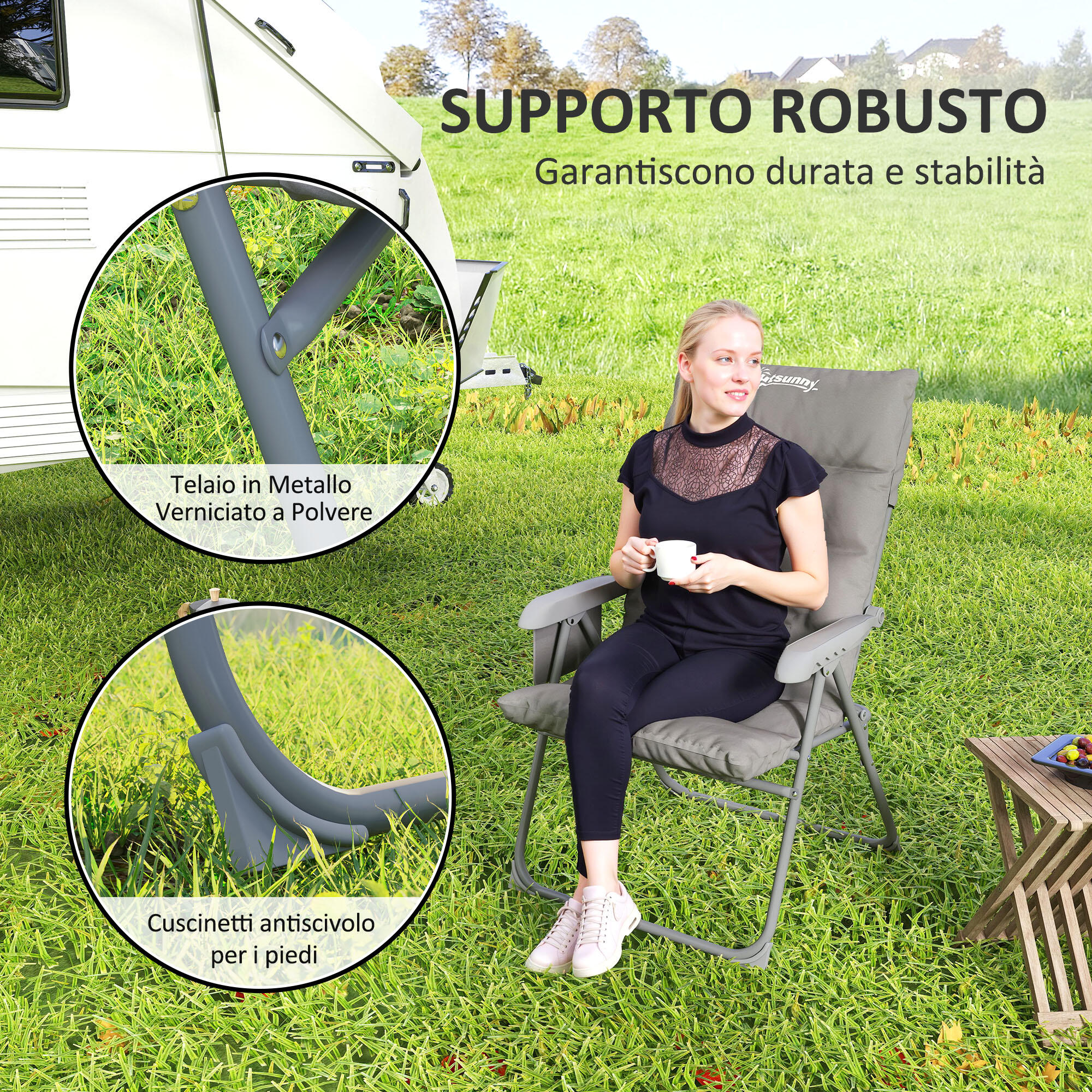 Outsunny Sedia da Campeggio Pieghevole e Regolabile su 5 Livelli Grigio Chiaro 6/7