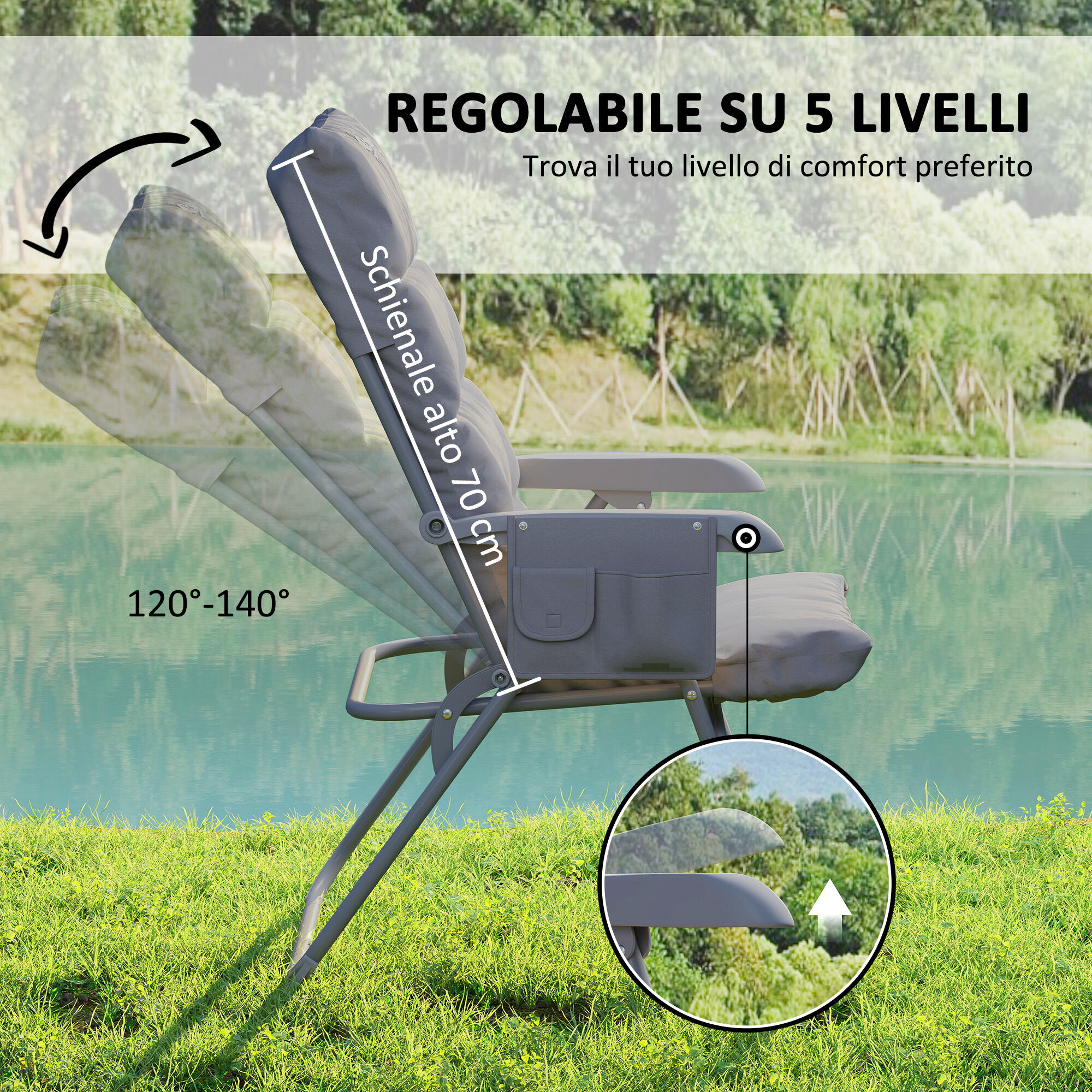 Outsunny Sedia da Campeggio Pieghevole e Regolabile su 5 Livelli Grigio Chiaro 4/7