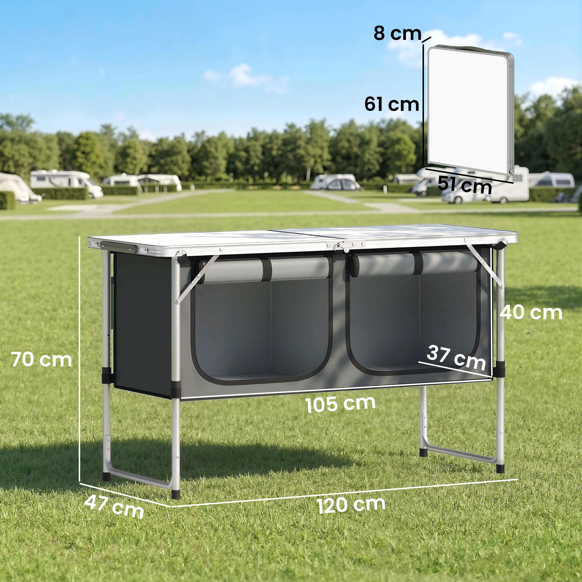 Outsunny Mobile Cucina da Campeggio Pieghevole con Armadietto, Argento 3/7