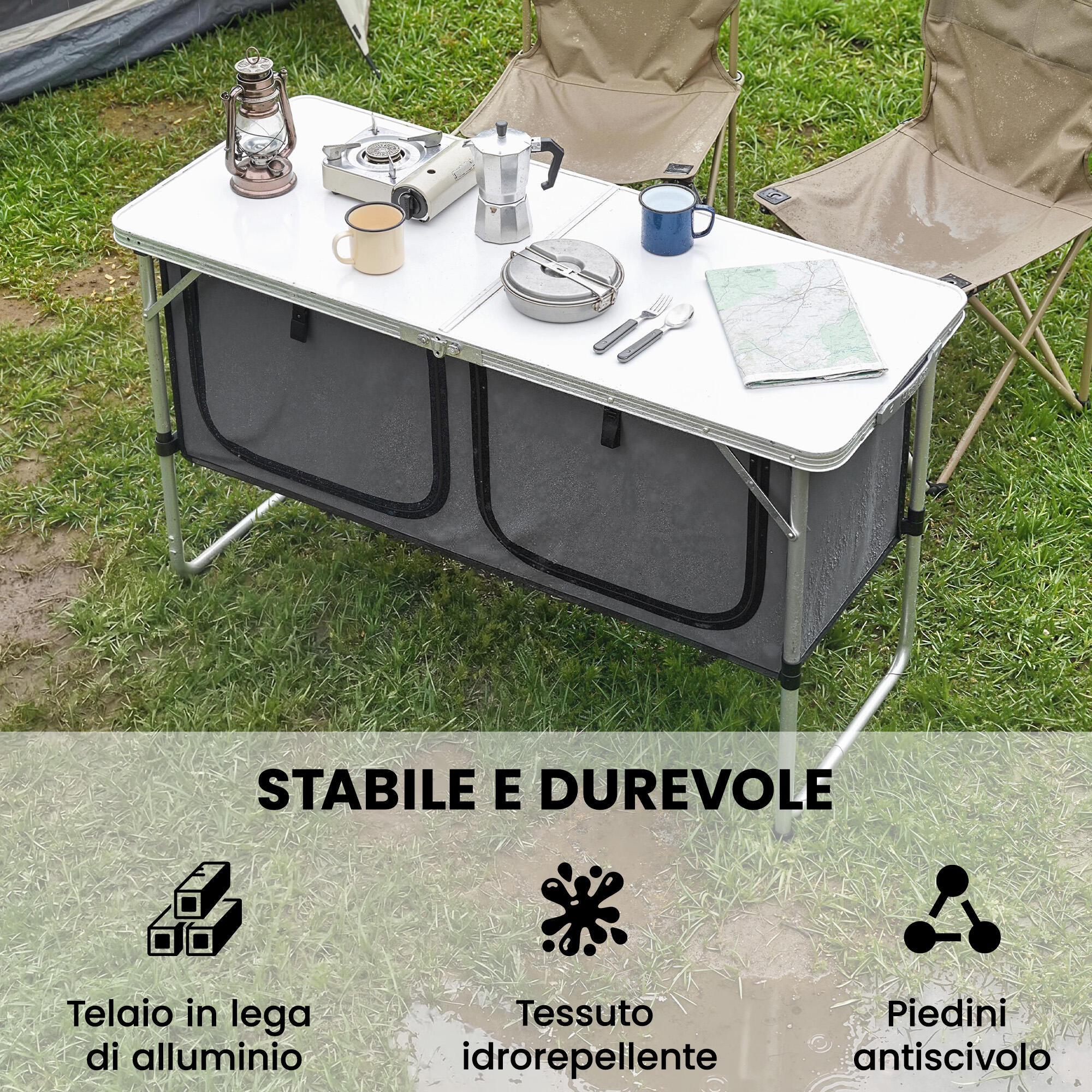 Outsunny Mobile Cucina da Campeggio Pieghevole con Armadietto, Argento 6/7