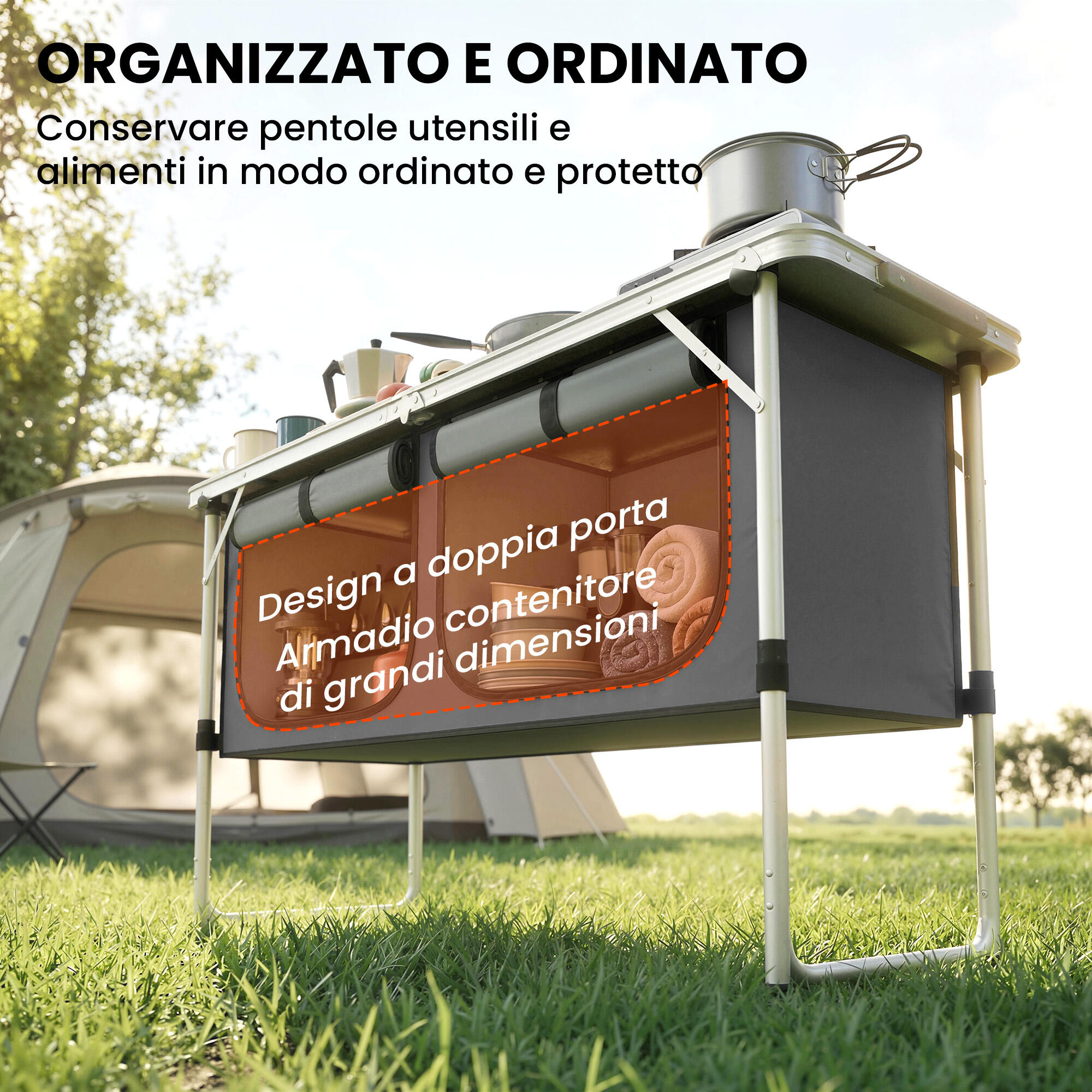 Outsunny Mobile Cucina da Campeggio Pieghevole con Armadietto, Argento 5/7