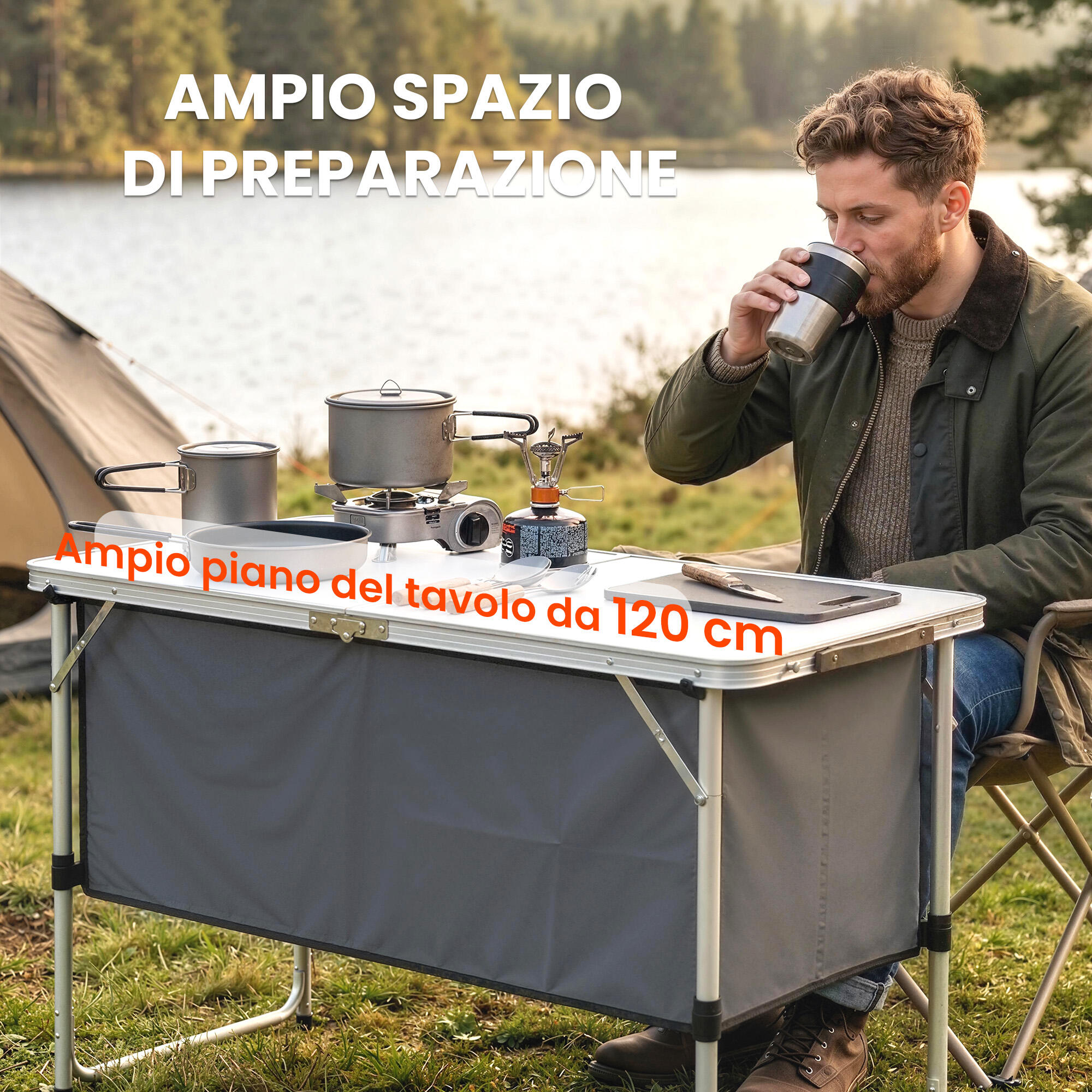Outsunny Mobile Cucina da Campeggio Pieghevole con Armadietto, Argento 4/7
