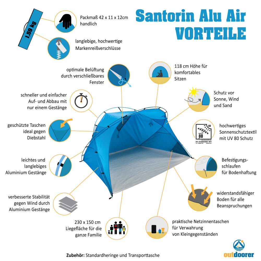 Strandmuschel Santorin Alu Air - XXL Strandzelt, Alugestänge, UV
Schutz 80 2/7