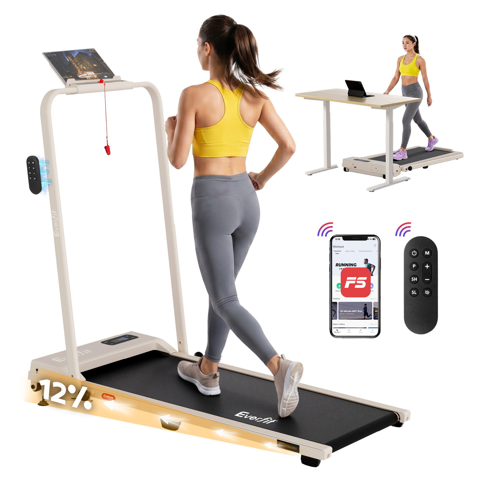 Everfit 3 in 1 Walking Pad Treadmill 12% Incline Under Desk Foldable Treadmills