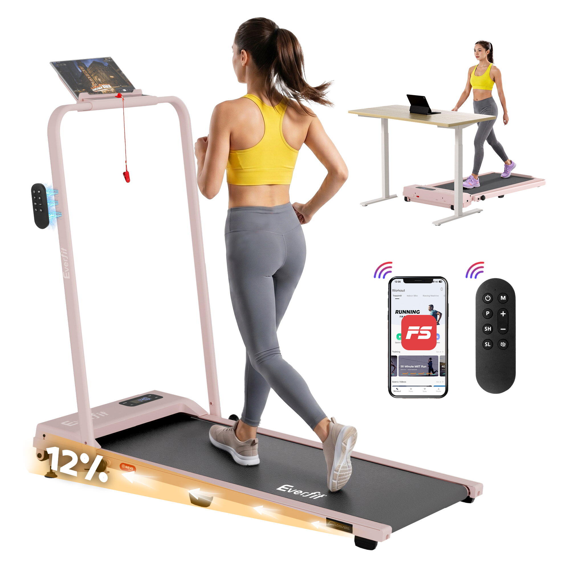 Everfit 3 in 1 Walking Pad Treadmill 12% Incline Under Desk Treadmills for Home