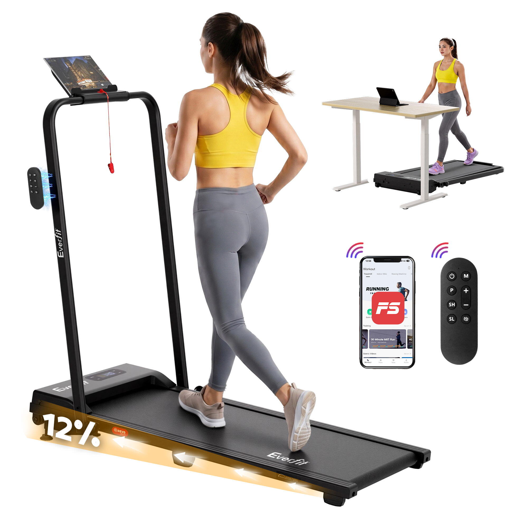 Everfit 3 in 1 Walking Pad Treadmill 12% Incline Under Desk Foldable Treadmills