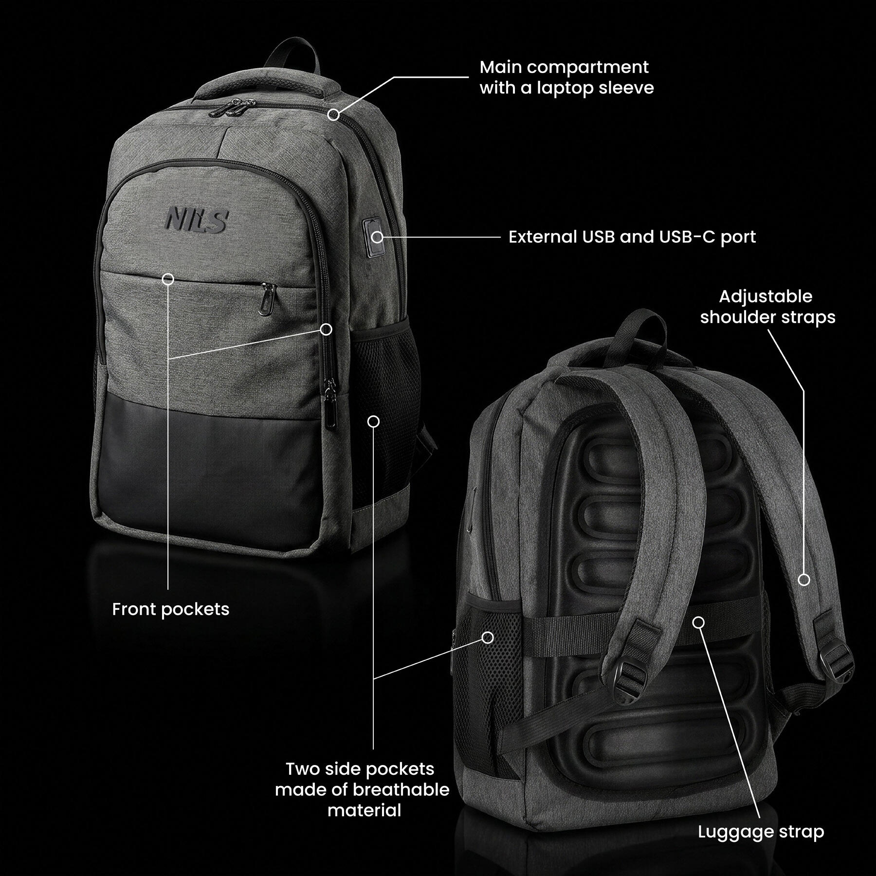 Laptoprugzak stad NC4503 NILS 18 L met USB- en USB-C-poorten grijs 6/7