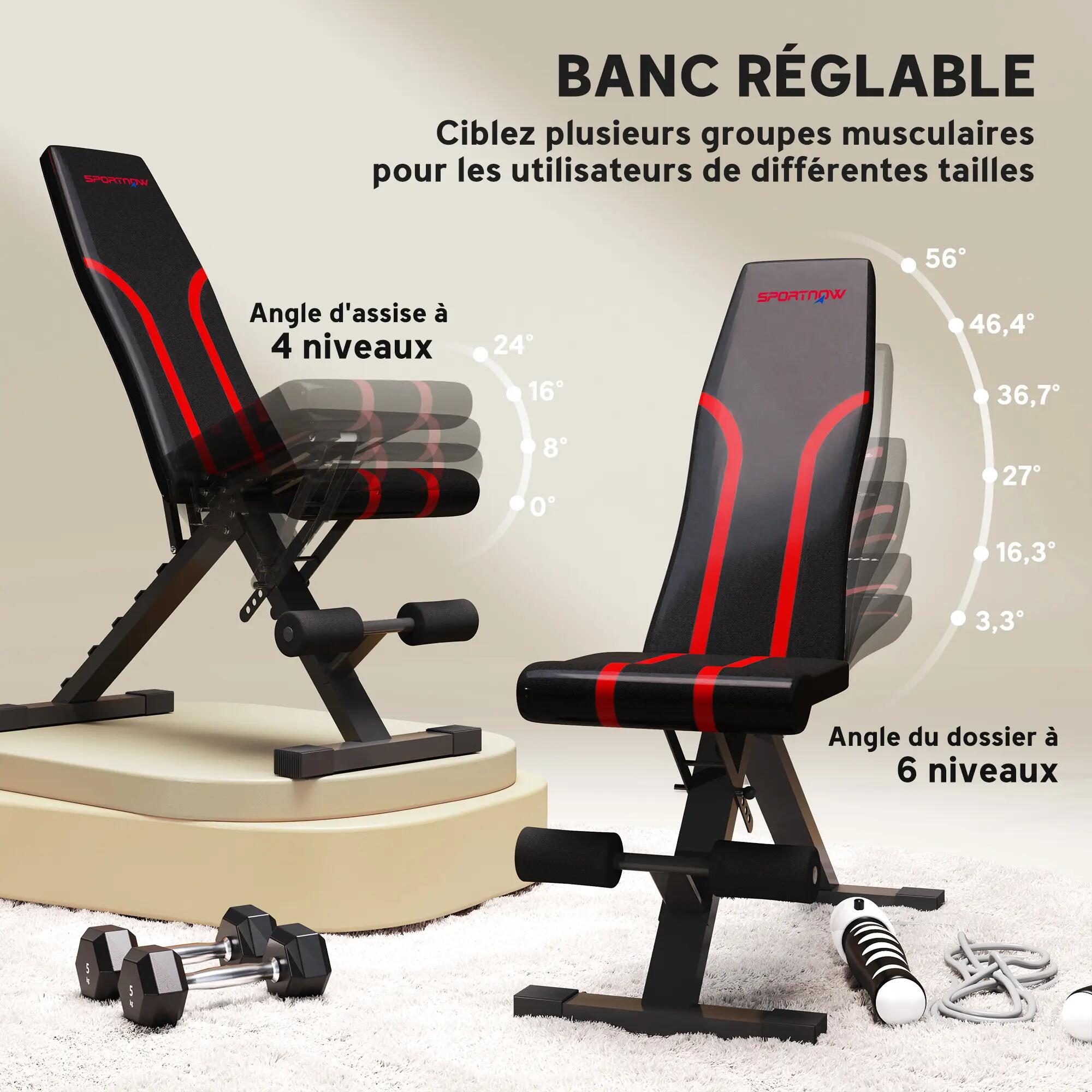 Banc de musculation pliable inclinable charge max. 230 Kg rouge noir 4/5