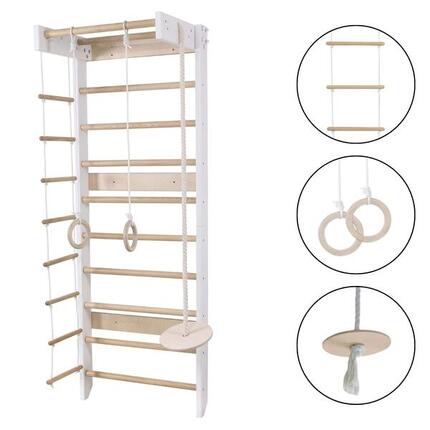 Skandi Indoor Klettergerüst – Holz Sprossenwand mit Seil, Gymnastikringe