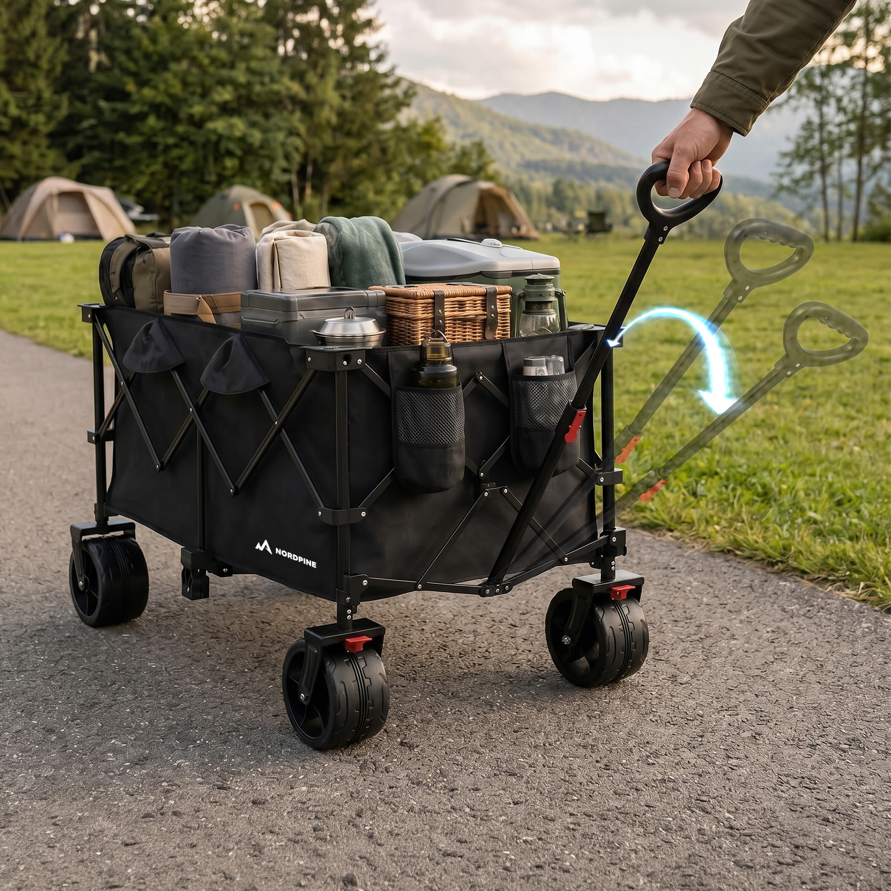 Opvouwbare bolderwagen met 200 L opbergruimte en rubberen banden met rem voor ca 3/7