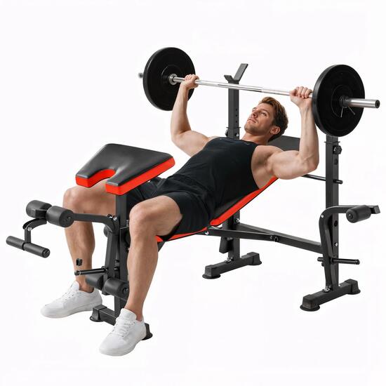 Banc de musculation support d'haltères dossier réglable noir rouge