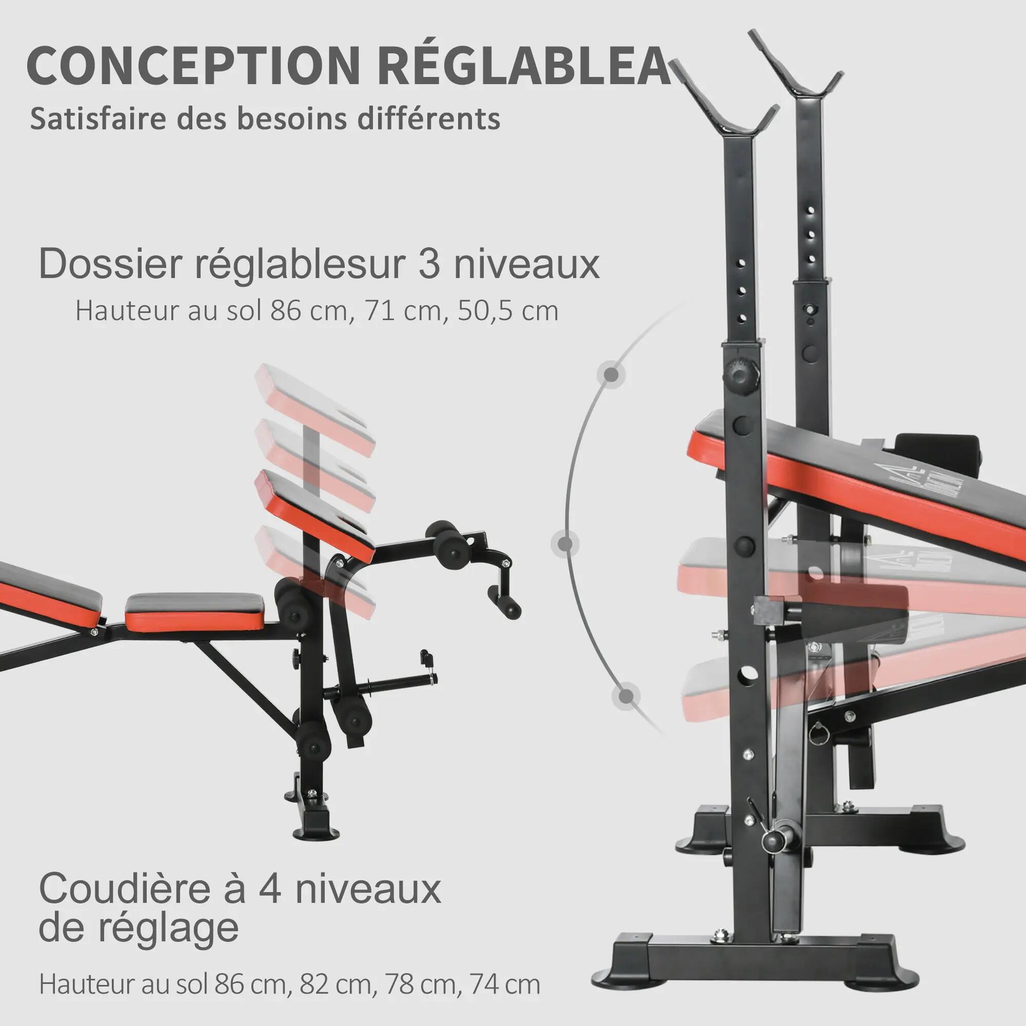 Banc de musculation support d'haltères dossier réglable noir rouge 3/4