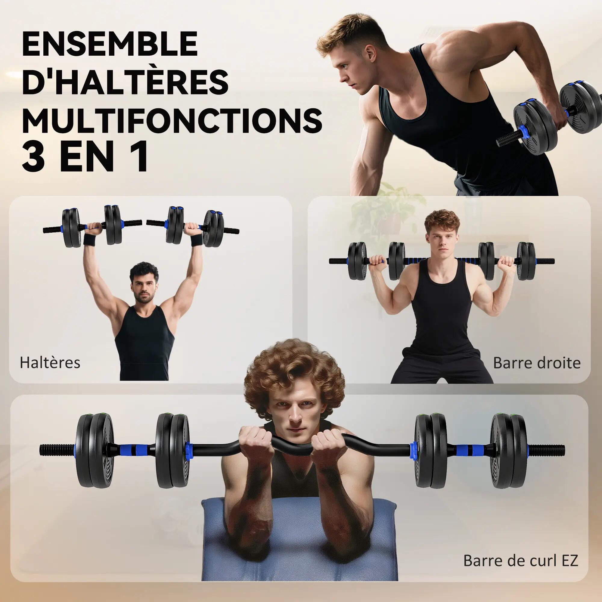 Ensemble d'haltères musculation multifonction 3 en 1 - total 15Kg - bleu noir 4/5