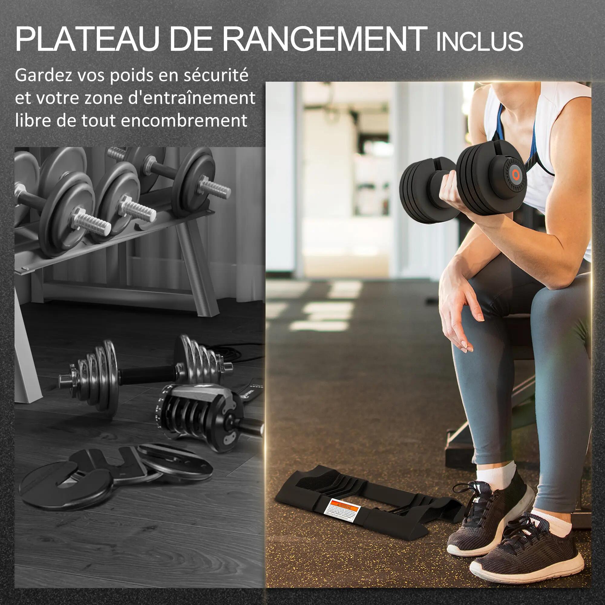 Haltère réglable poids 3,5/6/8/10 Kg max. - plateau rangement - acier ABS noir 5/5