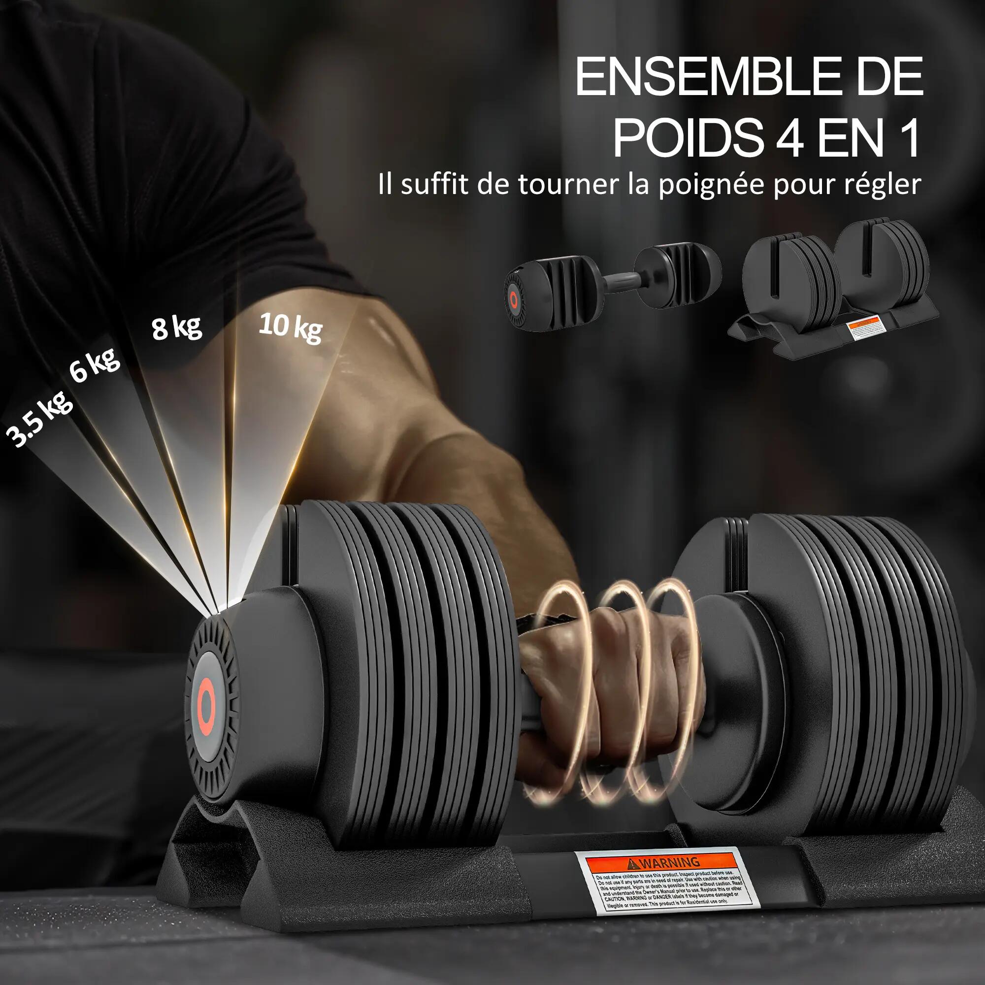 Haltère réglable poids 3,5/6/8/10 Kg max. - plateau rangement - acier ABS noir 4/5