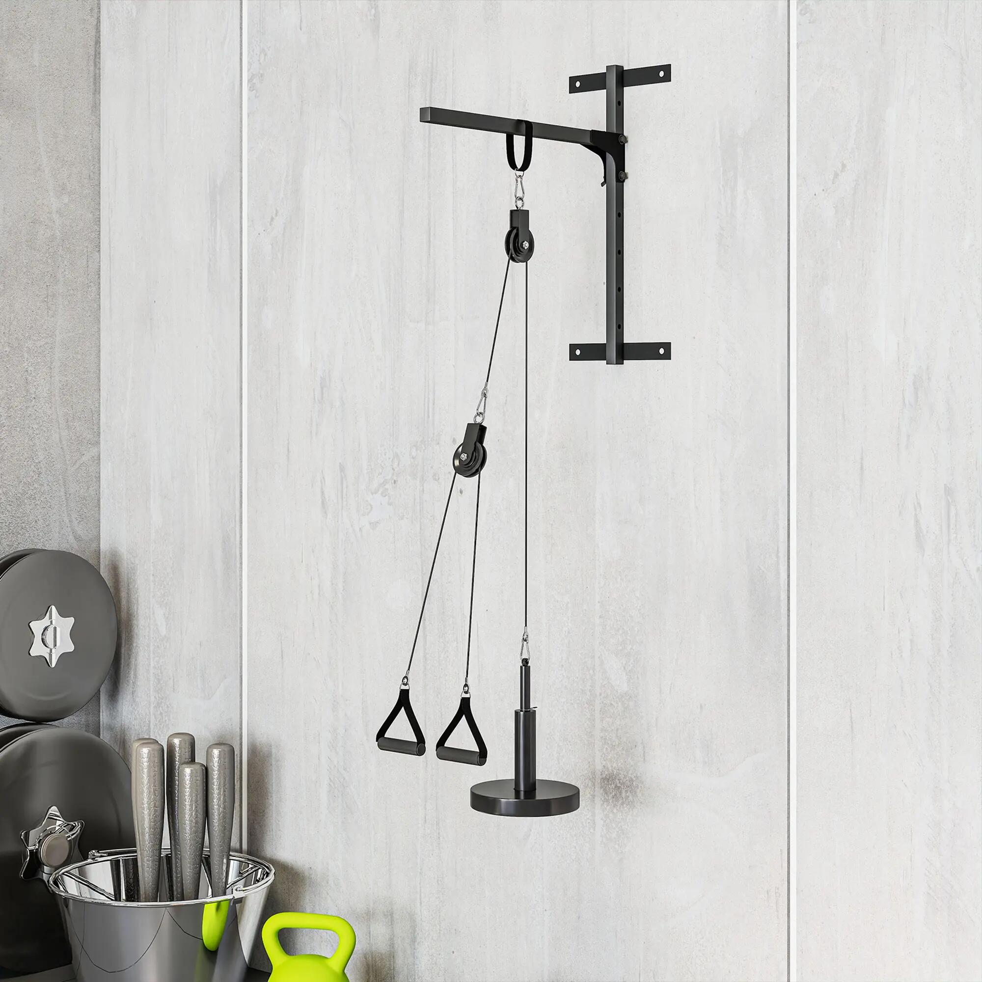 Station de traction murale - machine poulie musculation - acier nylon rouge noir 2/5