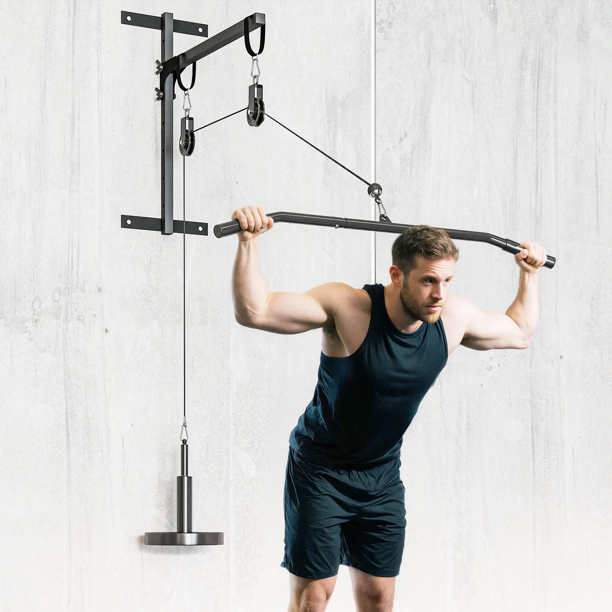 Station de traction murale - machine poulie musculation - acier nylon rouge noir 4/5