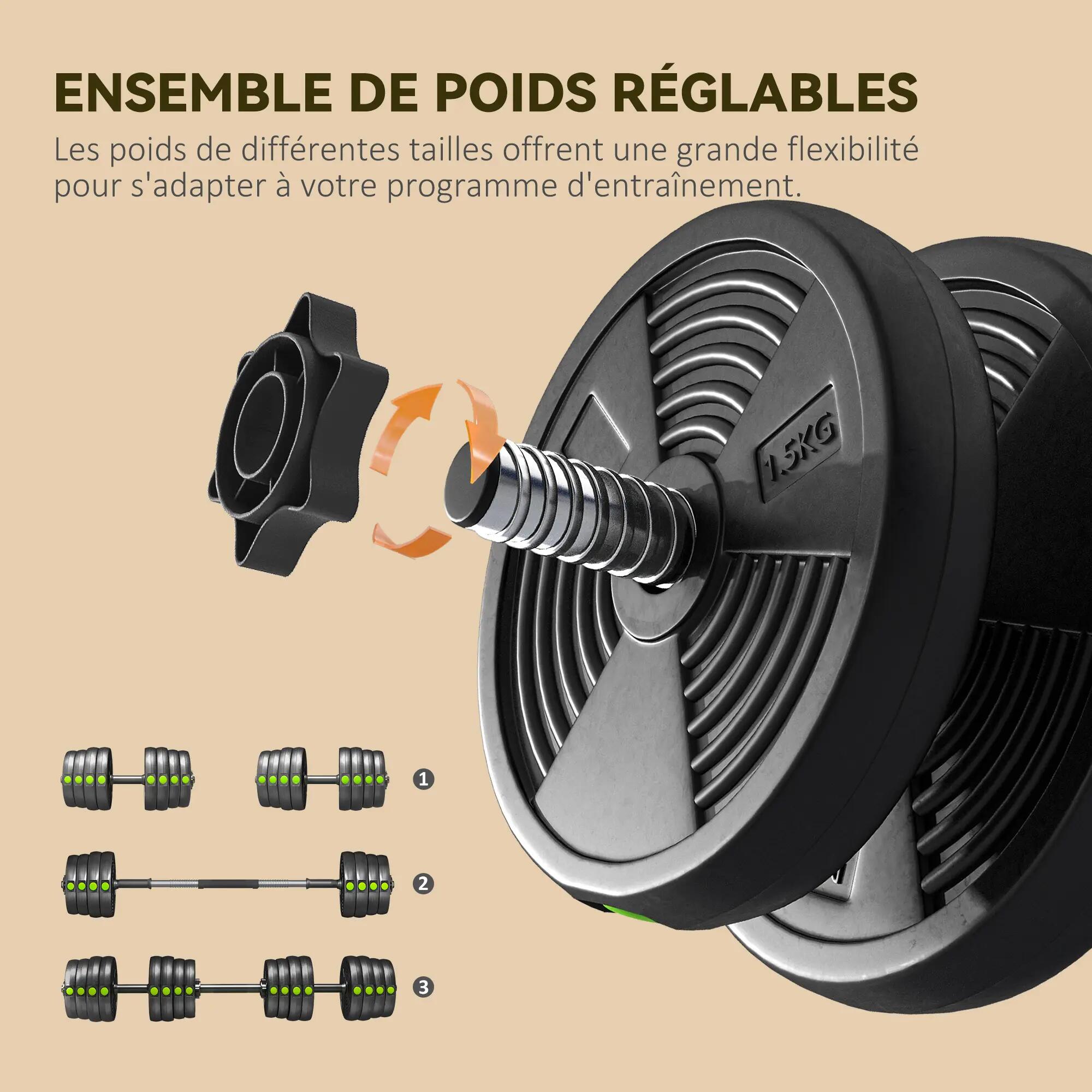 Haltères 2 en 1 réglables - haltères libres 30 Kg - barres incluses - noir vert 5/5