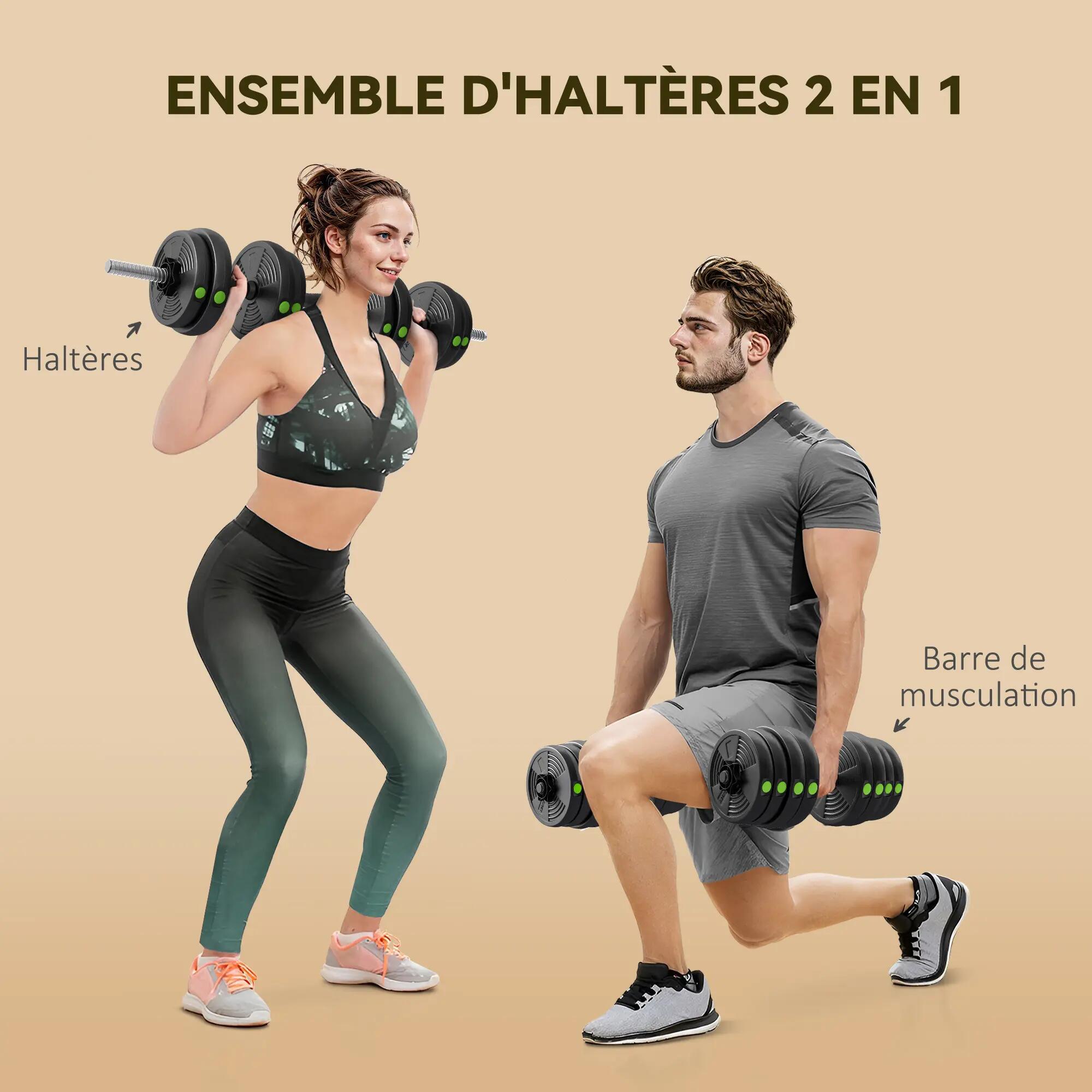 Haltères 2 en 1 réglables - haltères libres 30 Kg - barres incluses - noir vert 4/5