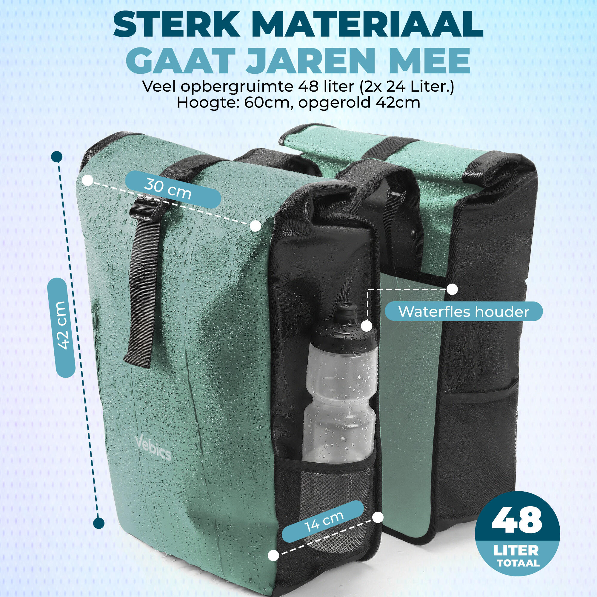Sacoche double pour vélo Vebics - 48 L - 100 % étanche - Menthe 5/7