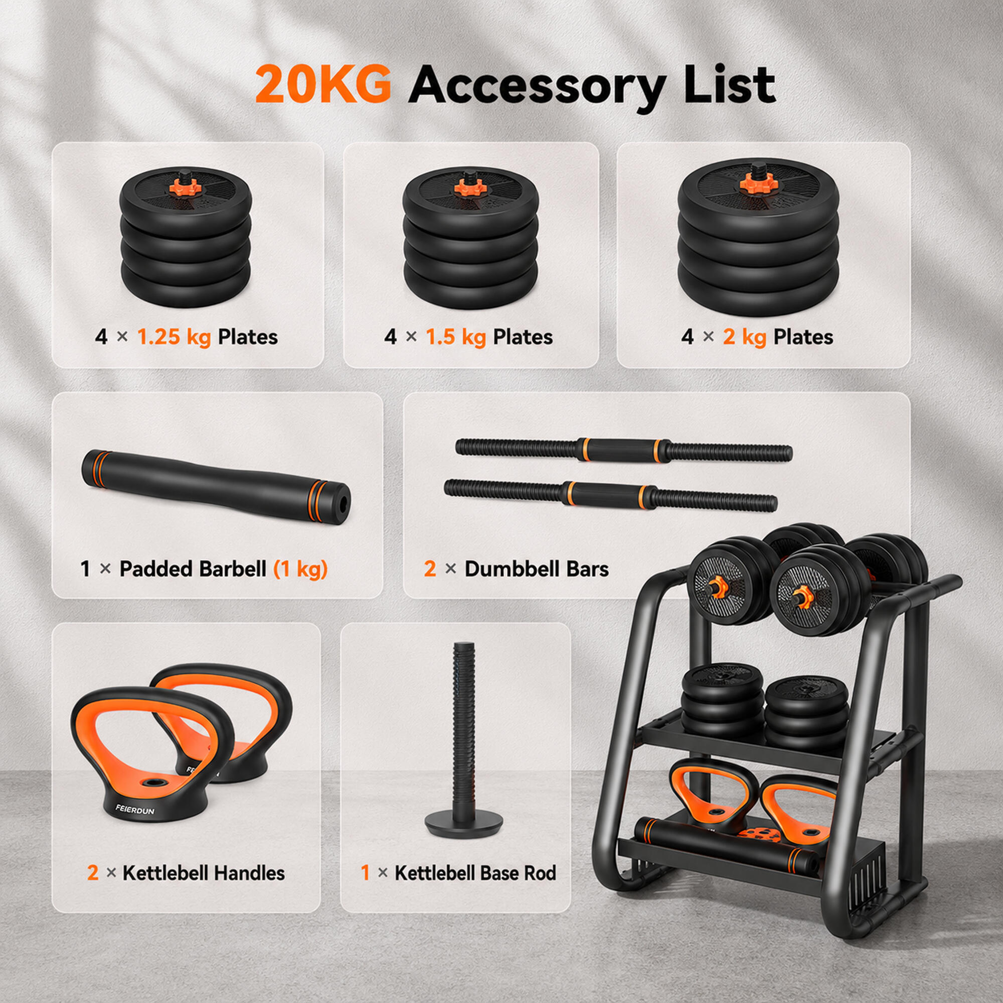 FED-gewichtenset van 20 kg: dumbbells + halterstang + kettlebell 3/8